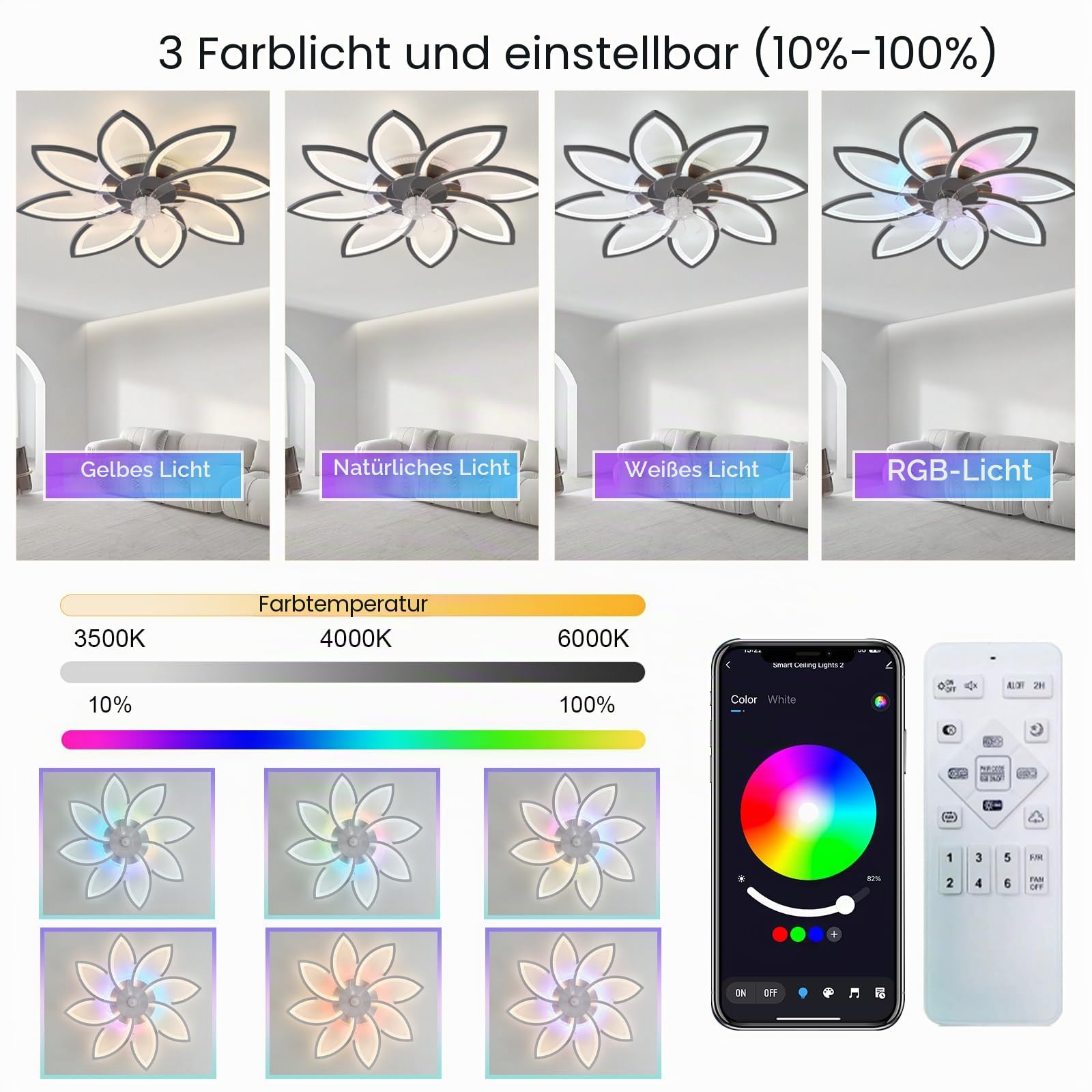RGB Blume Deckenventilator Mit Beleuchtung Alexa-kompatibel, Veränderbare Farbe Leise Ventilator Mit Licht 6 Gang Reversibel Und Dimmbar Lampe Ventilator Für Schlafzimmer Wohnzimmer, Schwarz