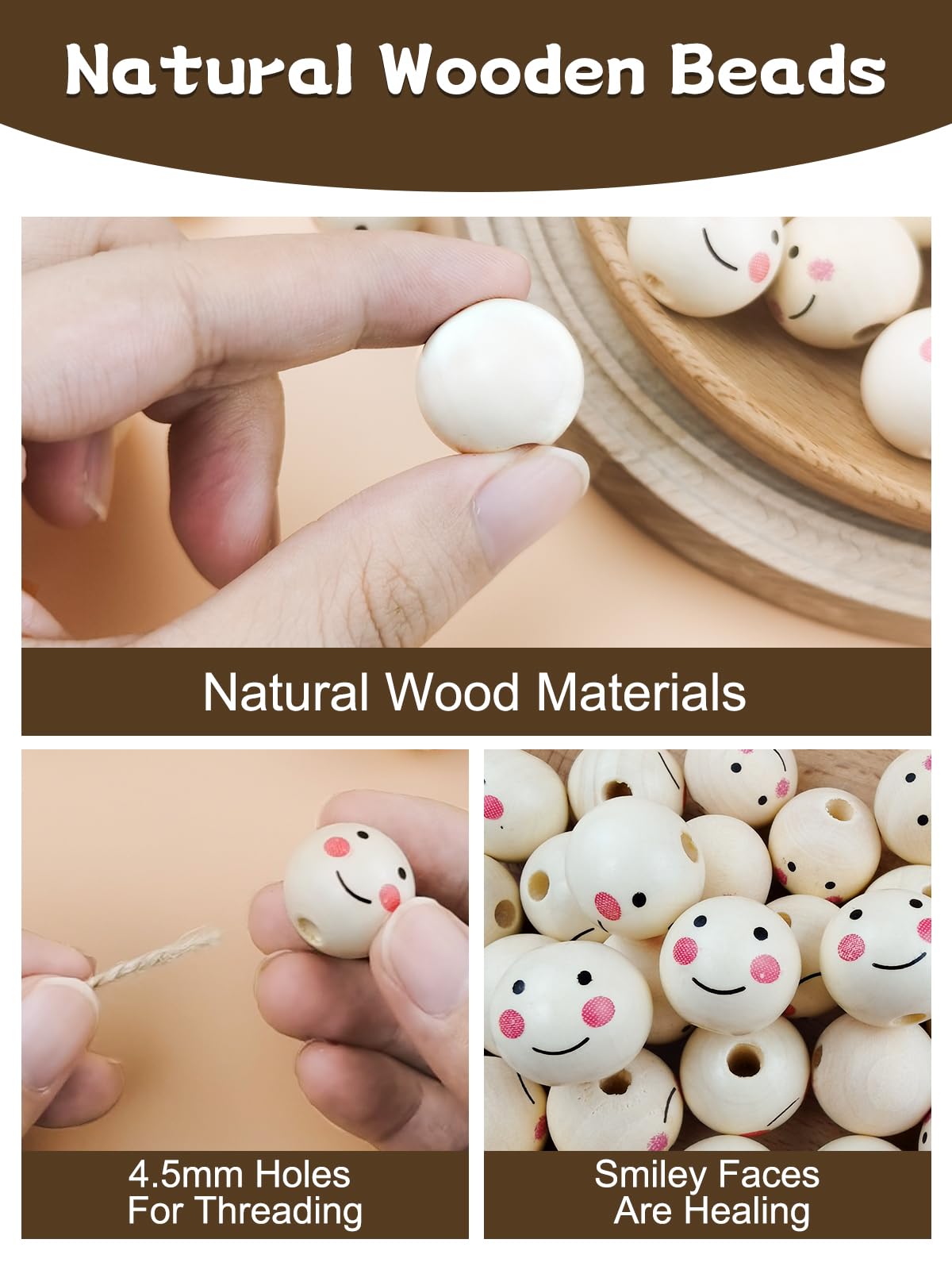 Furuising 80PCS Smile Wooden Beads, 20MM Natural Wooden Beads for Crafting with 4.5mm Hole - Image 4