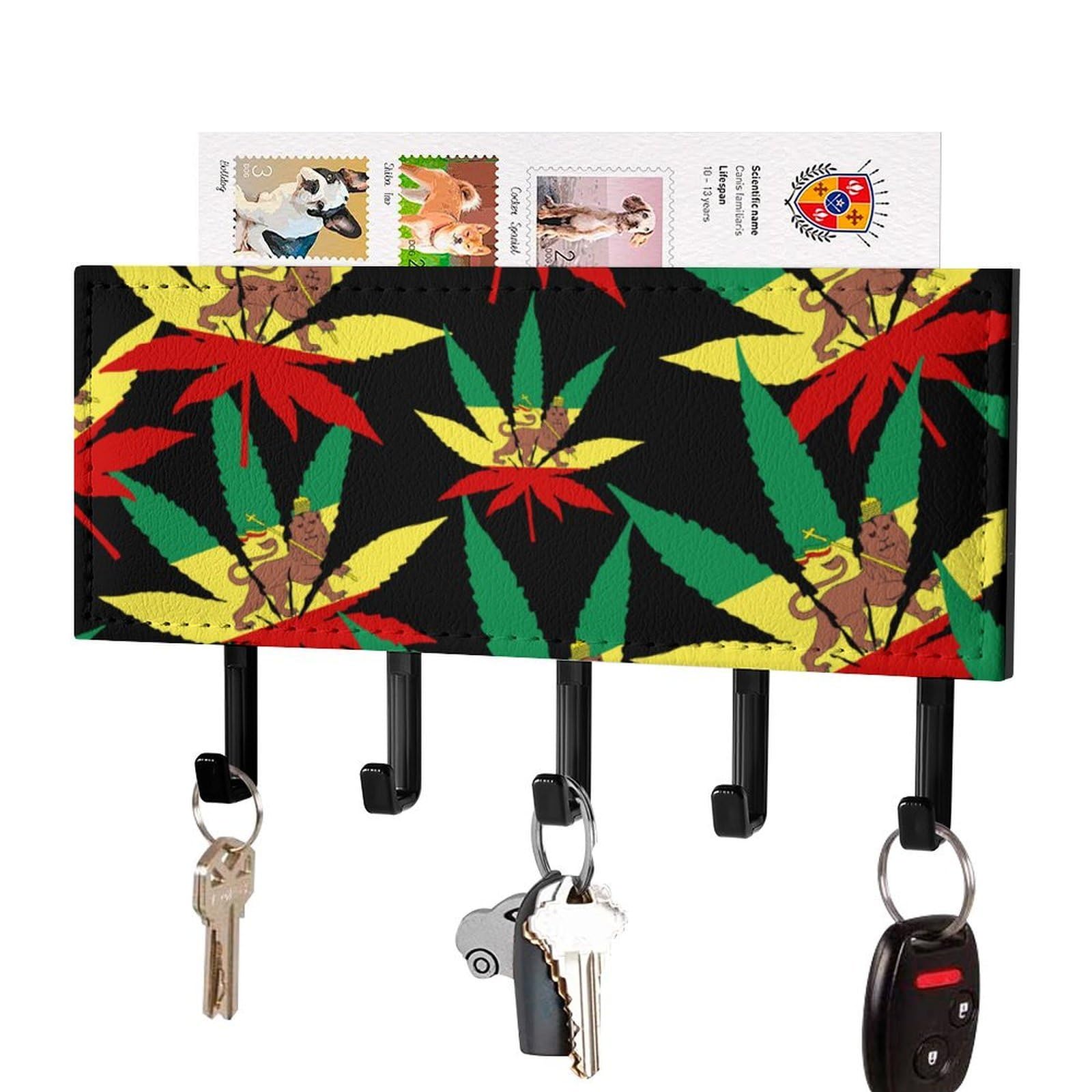 Nclqvjxzkhw Black-Style Jamaica Weed Rasta Lion Leaf Key Holder With 5 Hooks Key Hooks Wall Mounted Key Racks Key Hanger Organiser Shelf