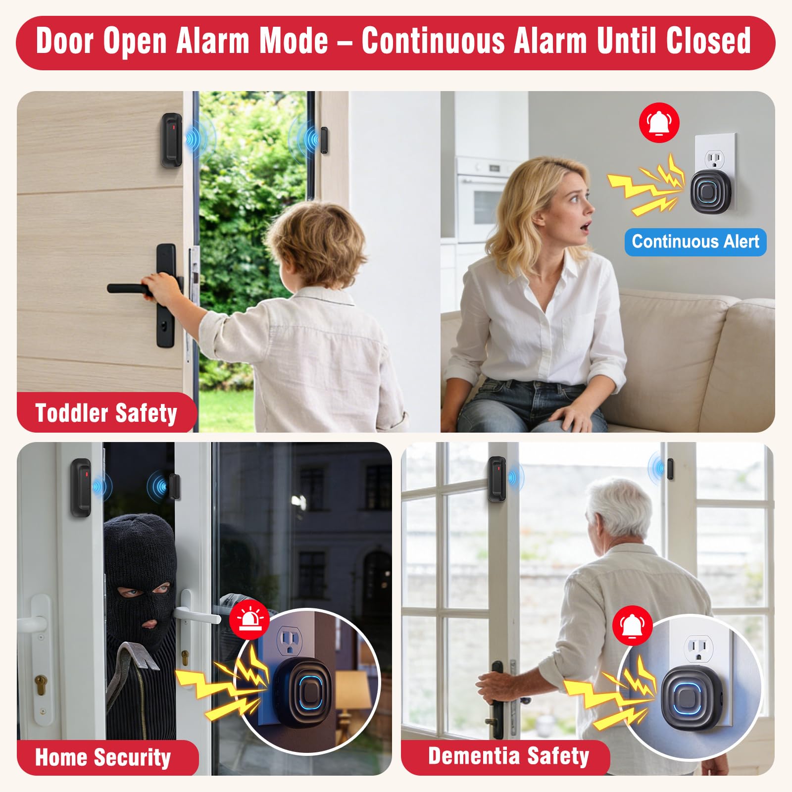 SanJie Campanello per porta, allarme 2 in 1 con campanello una tantum o modalità di allarme continuo, allarme aperto porta per la sicurezza di bambini e anziani, casa e lavoro, sensore impermeabile