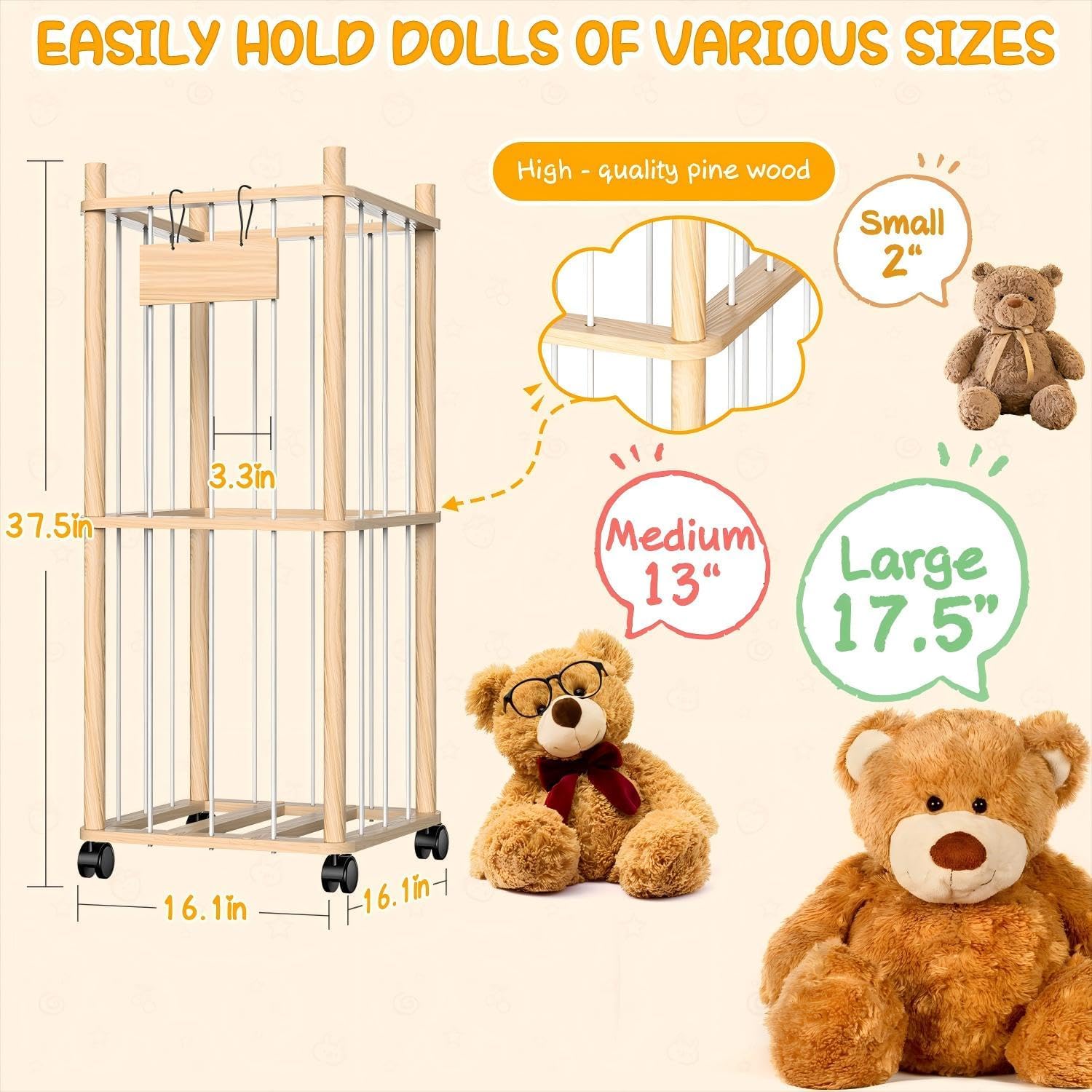 Stuffed Animal Storage with Wheels (Rolling Zoo), Large Wooden Plushie Organizer with Bonus Mesh Net for Small Toys, Mobile Toy Holder Cage for Kids Playroom Bedroom & Toddler Room(Natural Pine) - Image 2