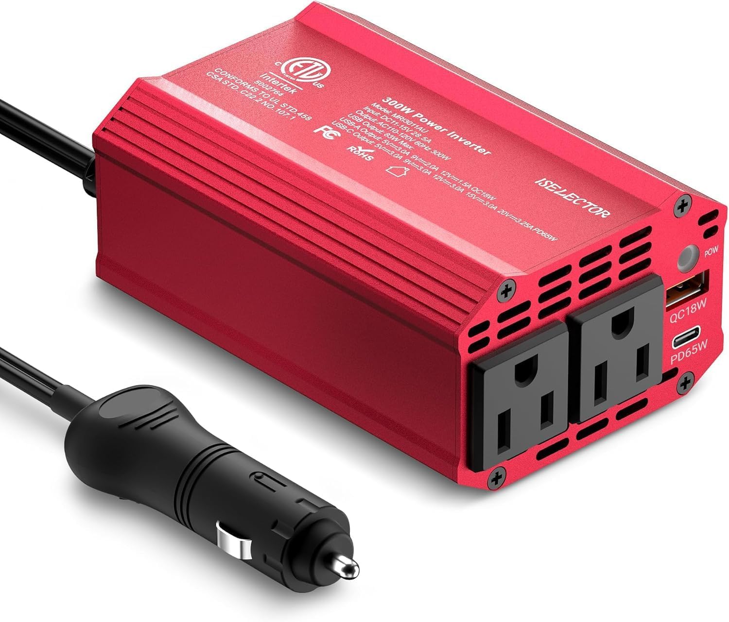 300W Power Inverter DC 12V to 110V AC Car Outlet Adapter with USB-C[PD65W] & USB-A[QC18W] Fast Charging Ports and Dual AC Outlets Car Power Inverter for Phone, Laptop on Road Trip (Red) (Red)
