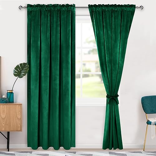 Hiasan Cortinas opacas de terciopelo verde de 84 pulgadas, con aislamiento térmico, unicolor, suaves, para dormitorio, sala de estar, oscurecimiento