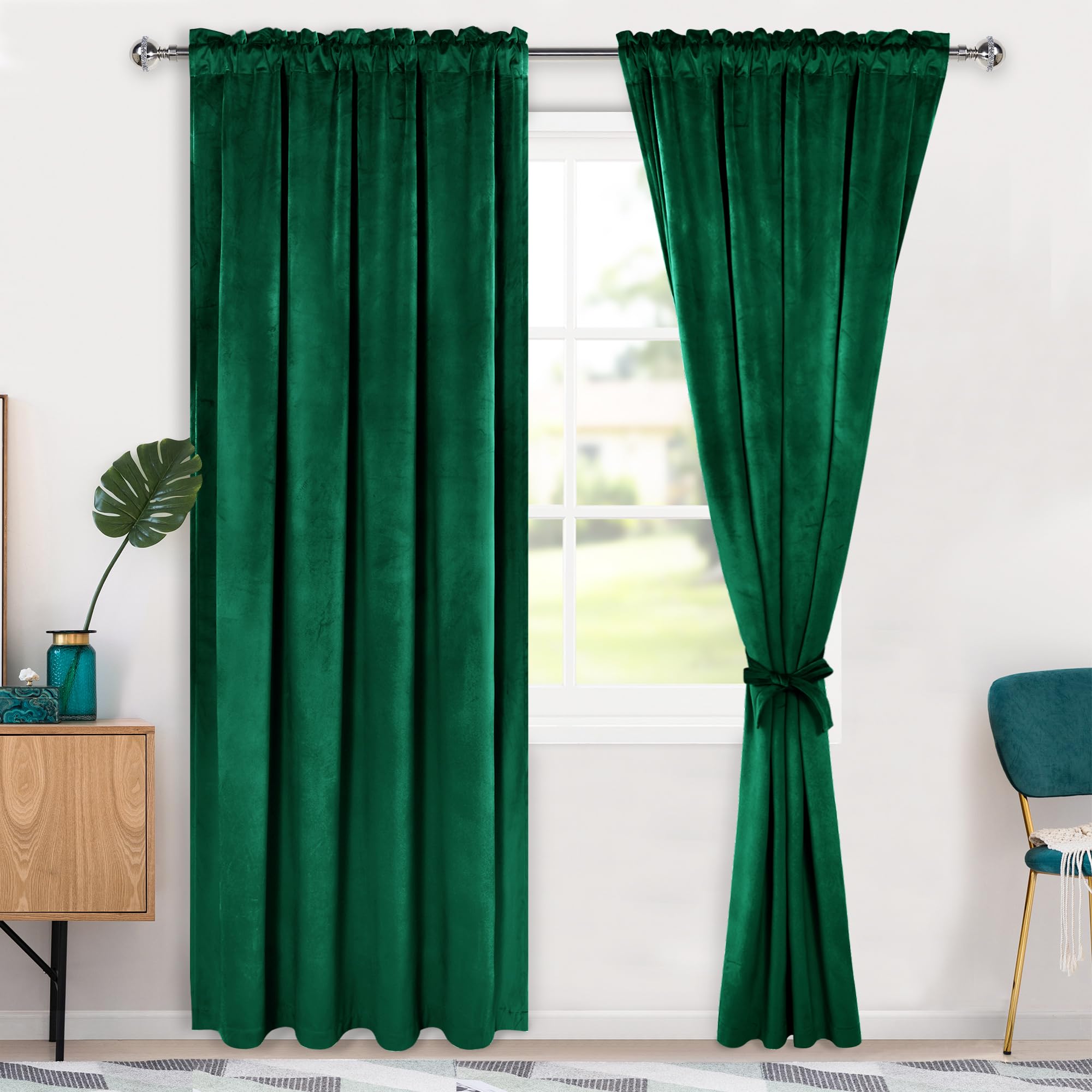 Hiasan Green Velvet Curtains 90 inch Blackout Rod Pocket Thermal Insulated Soft Curtains Room Darkening Window Drapes with Tiebacks for Bedroom Living Room, Set of 2 Panels, 52W x 90L