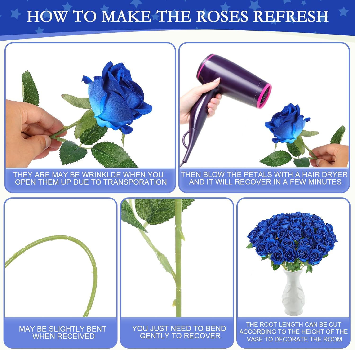 Hananona 50 Artificial Roses in Bulk, Fake Silk Roses Realistic Blue Roses for Wedding Centerpieces Flower Arrangement Home Decor (50, Blue) - Image 3