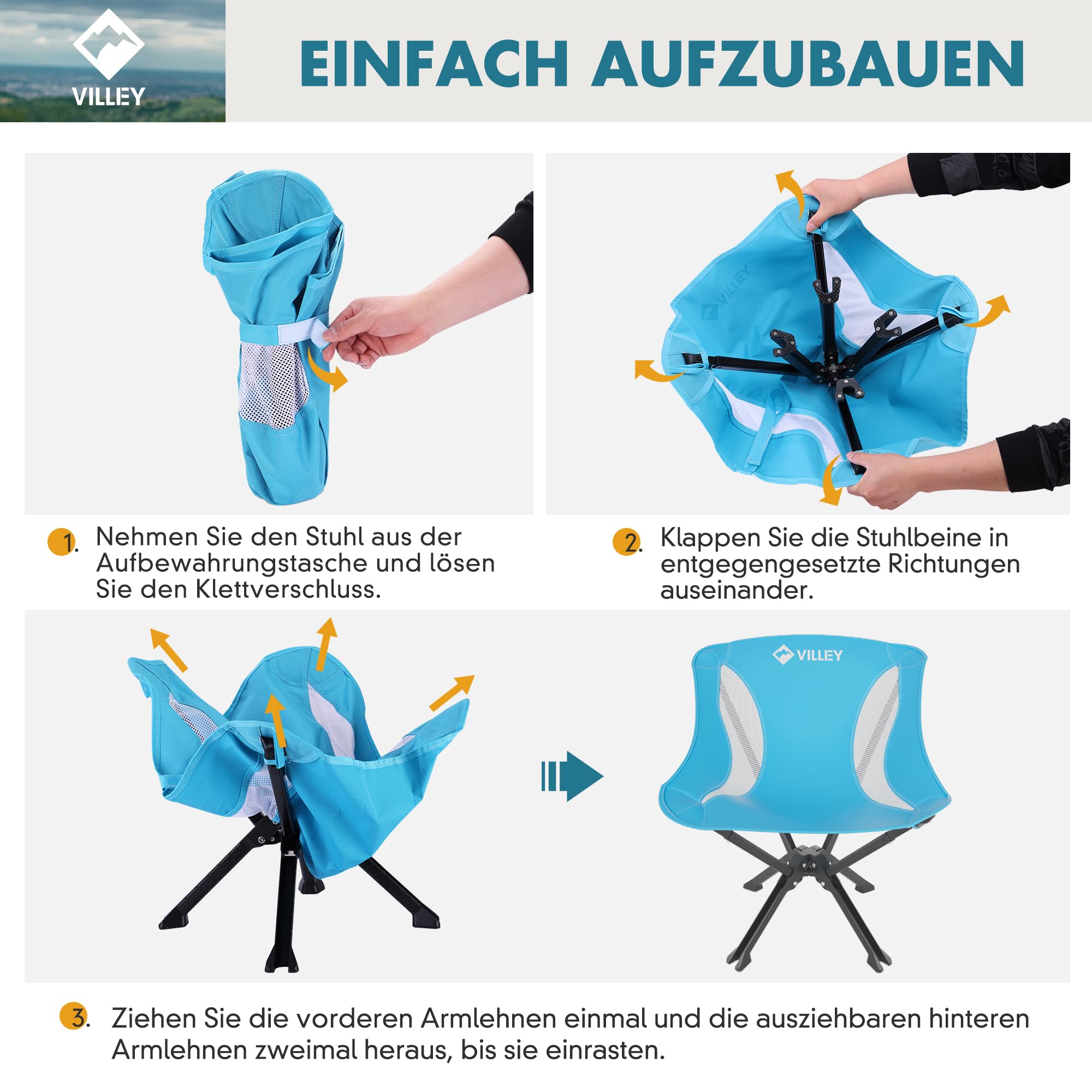 VILLEY Campingstuhl Faltbar und Tragbar Blau, Faltstuhl Camping mit Aluminiumrahmen und Belastbarem & Atmungsaktiverem Stoff, 150kg Tragfähigkeit Campingstuhl mit Tasche für Outdoor, Angeln | Keine Montage erforderlich, in Sekunden einsatzbereit, 150 kg K