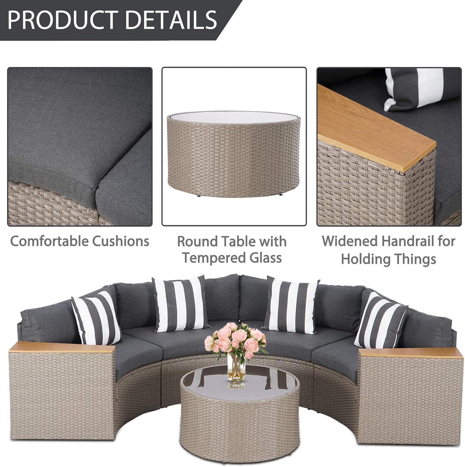 Incbruce Outdoor Half Moon Patio Furniture 5-Piece Curved Outdoor Sofa, All-Weather Outdoor Sectional Furniture Patio Conversation Sets with Round Tempered Glass Top Table (Grey Cushions)