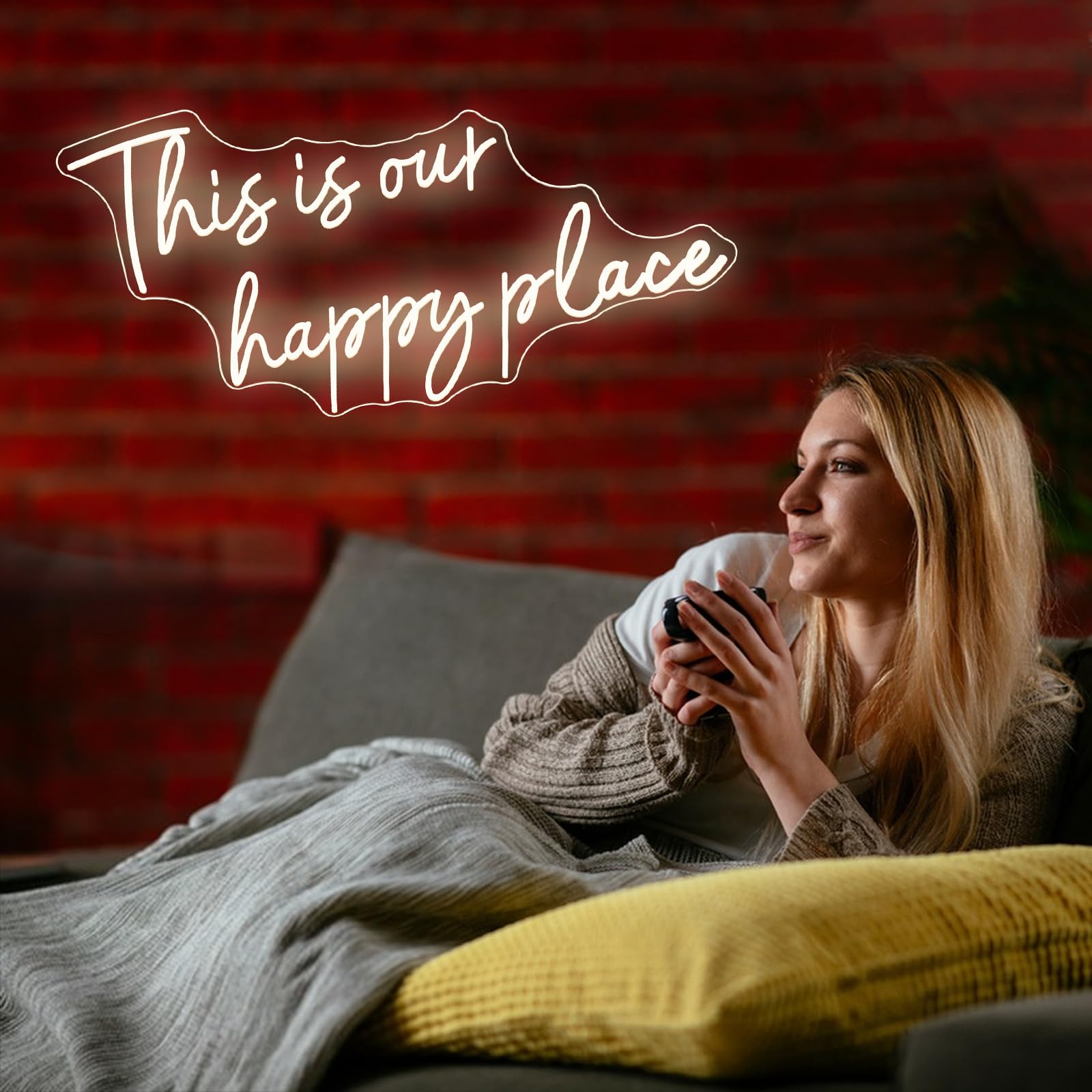 This is Our Happy Place Neonschilder Warmweißes LED-Neonschild ästhetische Raumdekoration für Teen-Mädchen Glücklicher Ort Licht für Schlafzimmer Salon Hochzeit Verlobungsparty