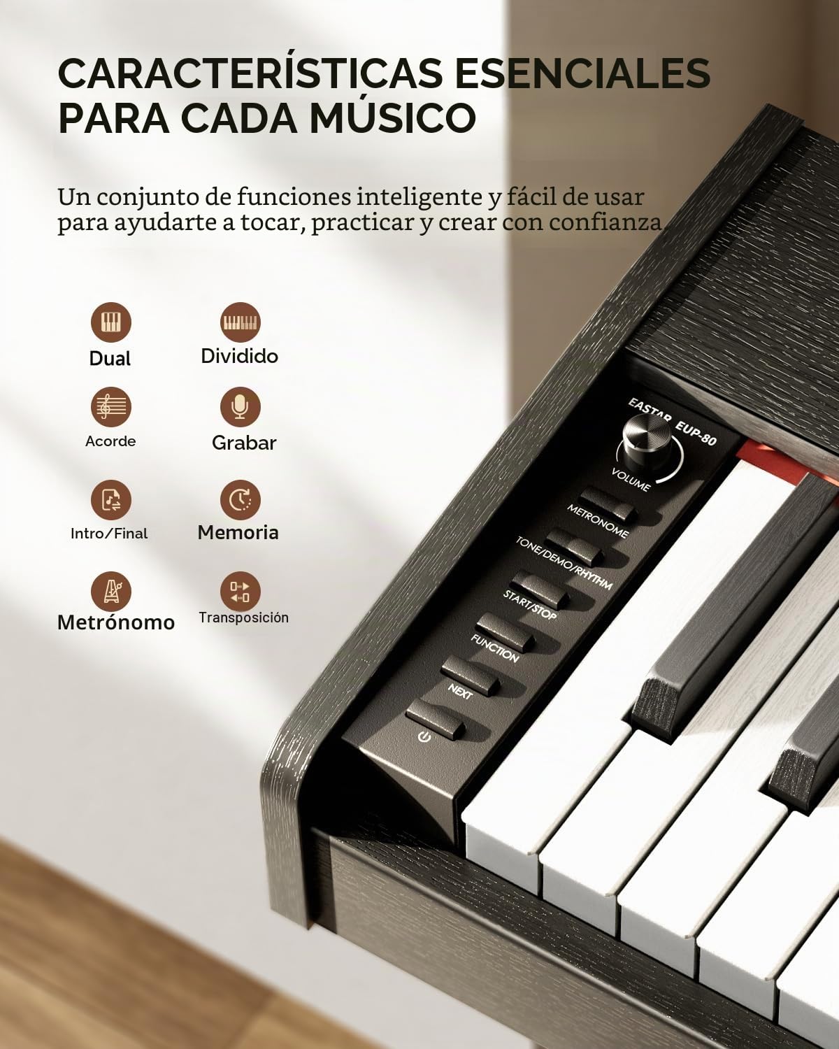 Eastar EUP-80 Piano Digital 88 Teclado Sensible a la Velocidad, Teclado de Piano Eléctrico de Tamaño Completo para Principiantes, Teclado Vertical Piano Paquete Soporte de Música, Pedal y Auriculares