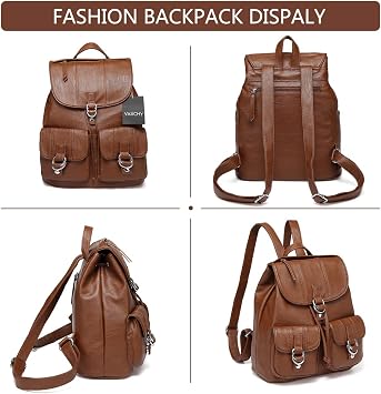 VASCHY Mini Backpack Purse for Women, Fashion Faux Leather Buckle Flap Drawstring Backpack for College with Two Front Pockets Brown