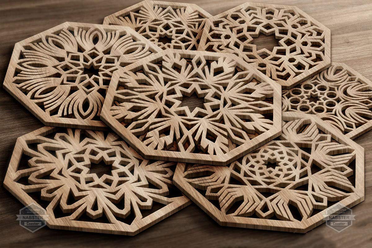 Handmade Octagonal-Snowflake Wooden Coaster for Home Kitchen, Office Desk Set of 6 Coasters with Durable Water-Resistant Coating Coating (4 x 4 Inch) - Walnut