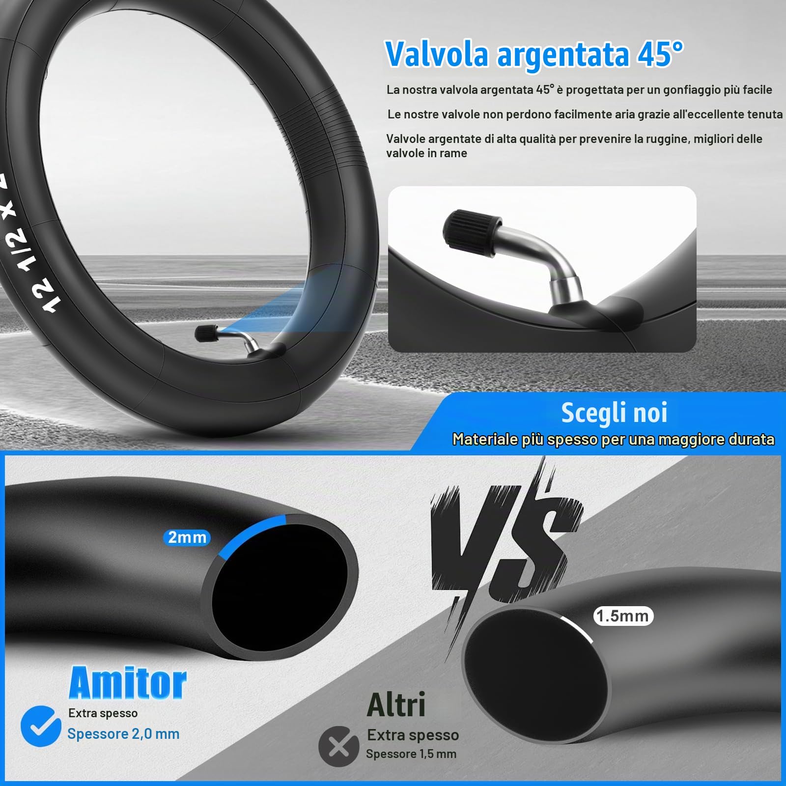 12 1/2 x 2 1/4 57-203 Pneumatici con tubo, alta stabilità e durata 12 1/2 x 2 1/4 pneumatici e tubo valvola angolare 45° argento, 12,5 x 2,25 pneumatici di ricambio per passeggini per bici da