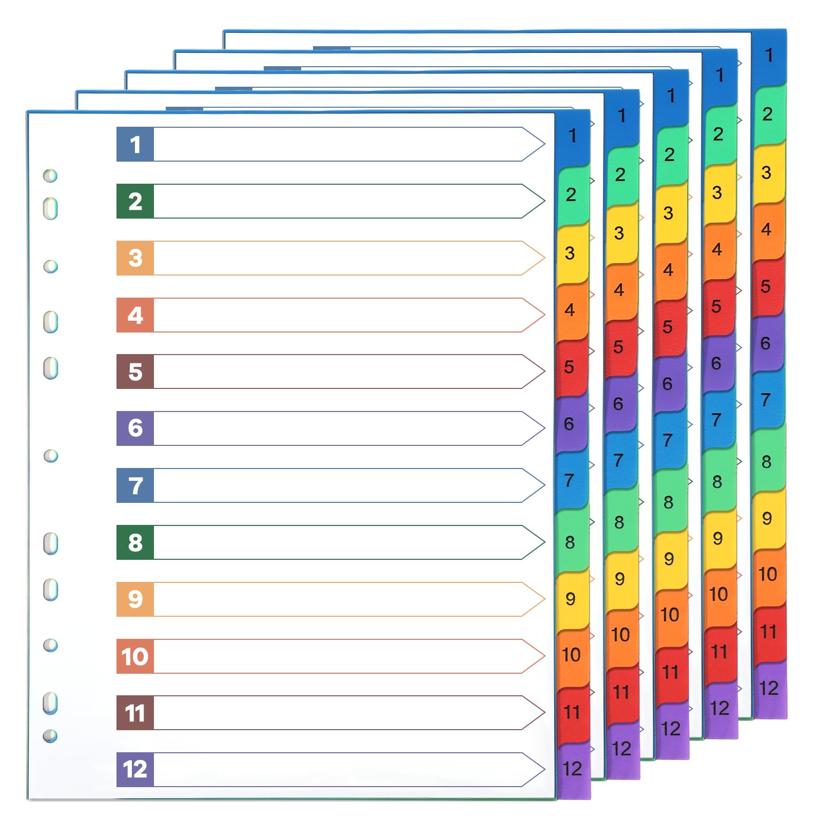 5 Set A4 Dividers for Ring Binders, 12 Part File Dividers A4 for Ring Binders Subject Dividers With11 Holes for Office — image 1