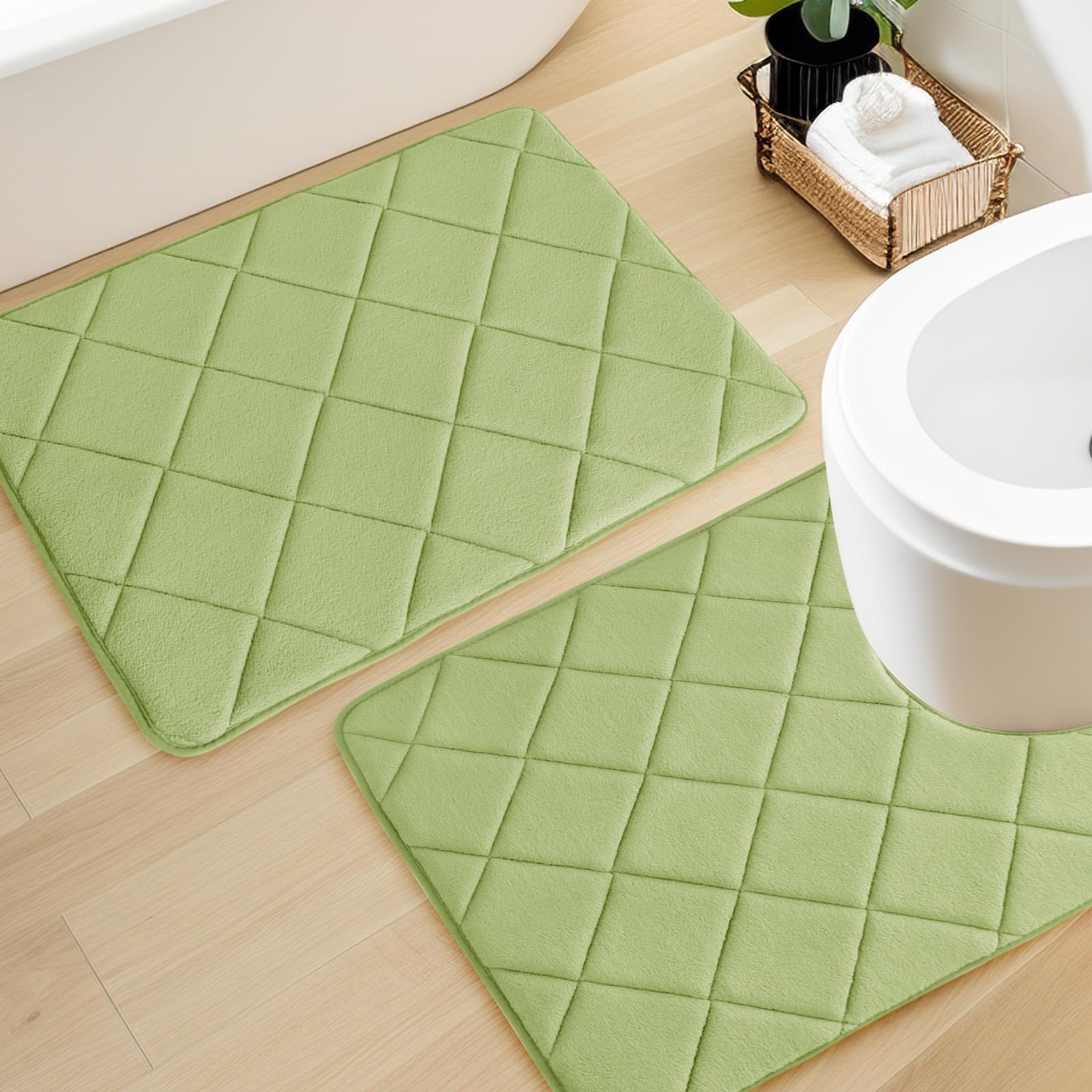 YIHOUSE Memory Foam Bathroom Rug Set - Ultra Soft Bath Mats, U Shaped Toilet Rugs for Bath, Shower, Green
