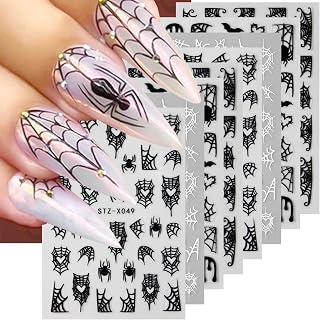 Spider Nail Stickers - 8 Sheets Halloween Nail Charms 3D Self-Adhesive Black White Spider Web Design Goth Nail Art Decorations for Women DIY Salon Supplies