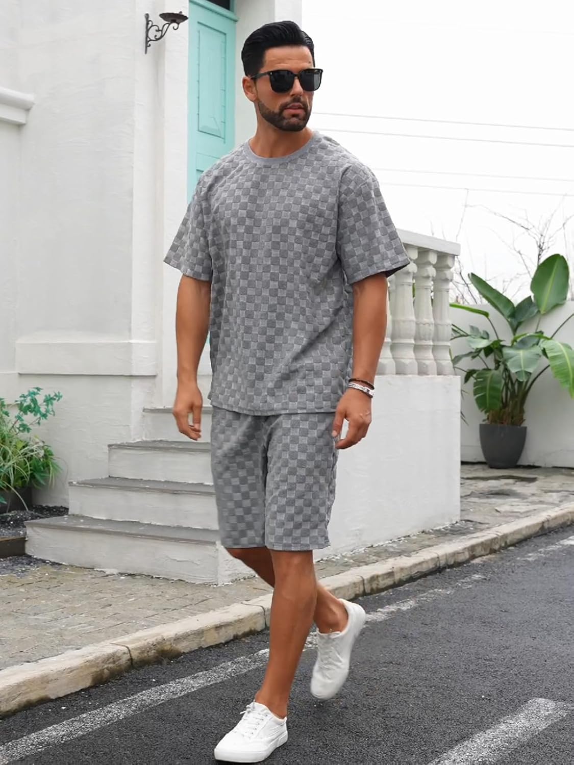 Men's 2 Piece Set Summer Outfits Casual Geometric Texture Short Sleeve Shirt and Shorts Track Suits for Men Set
