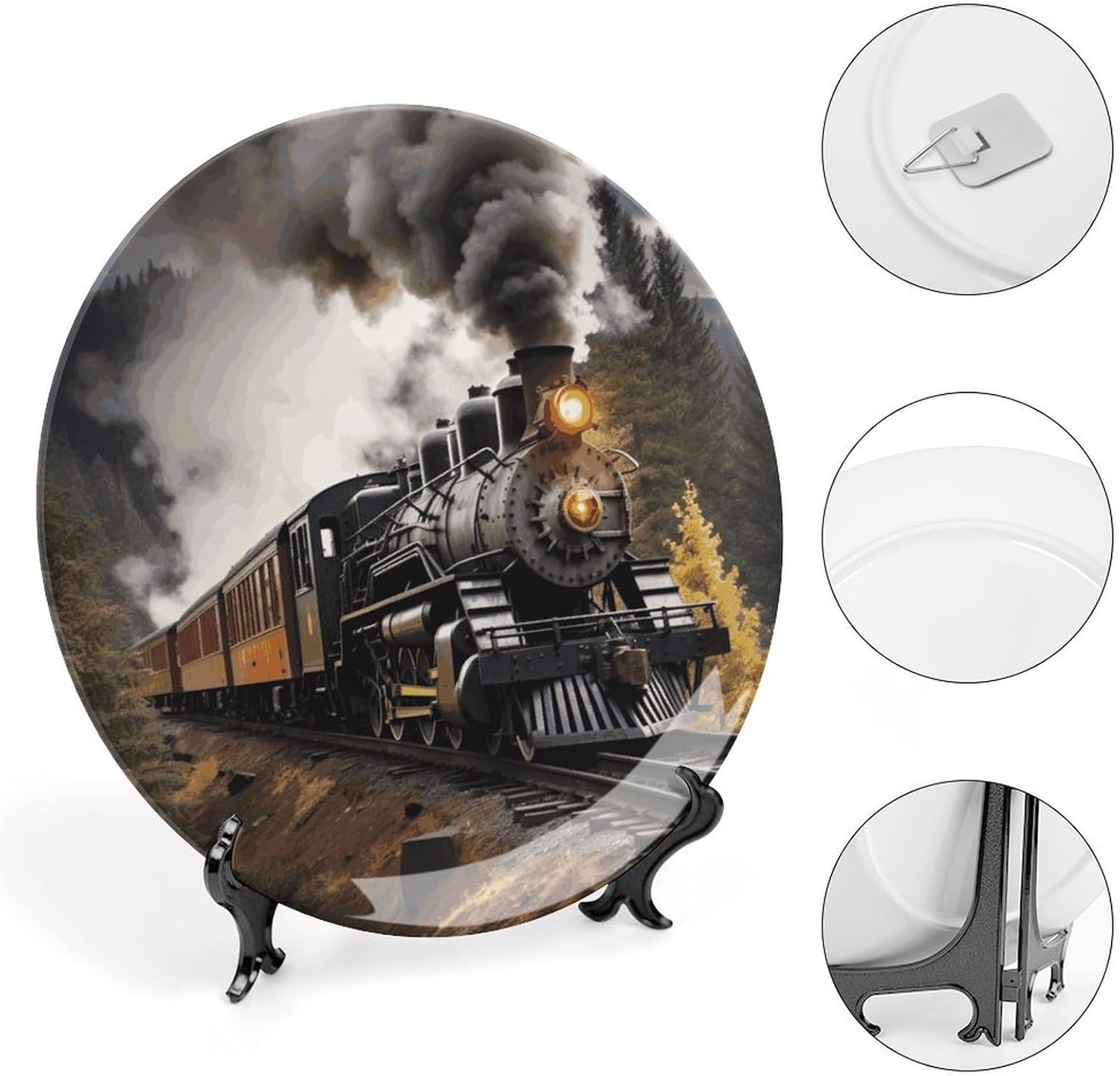 Steam Train Ceramic Plate 10inch Decorative Bone China Wall Hanging Ornament Plates Bohemian Style Dinner Plate with Display Stand Cabinet Display Plates for Home Art Decor