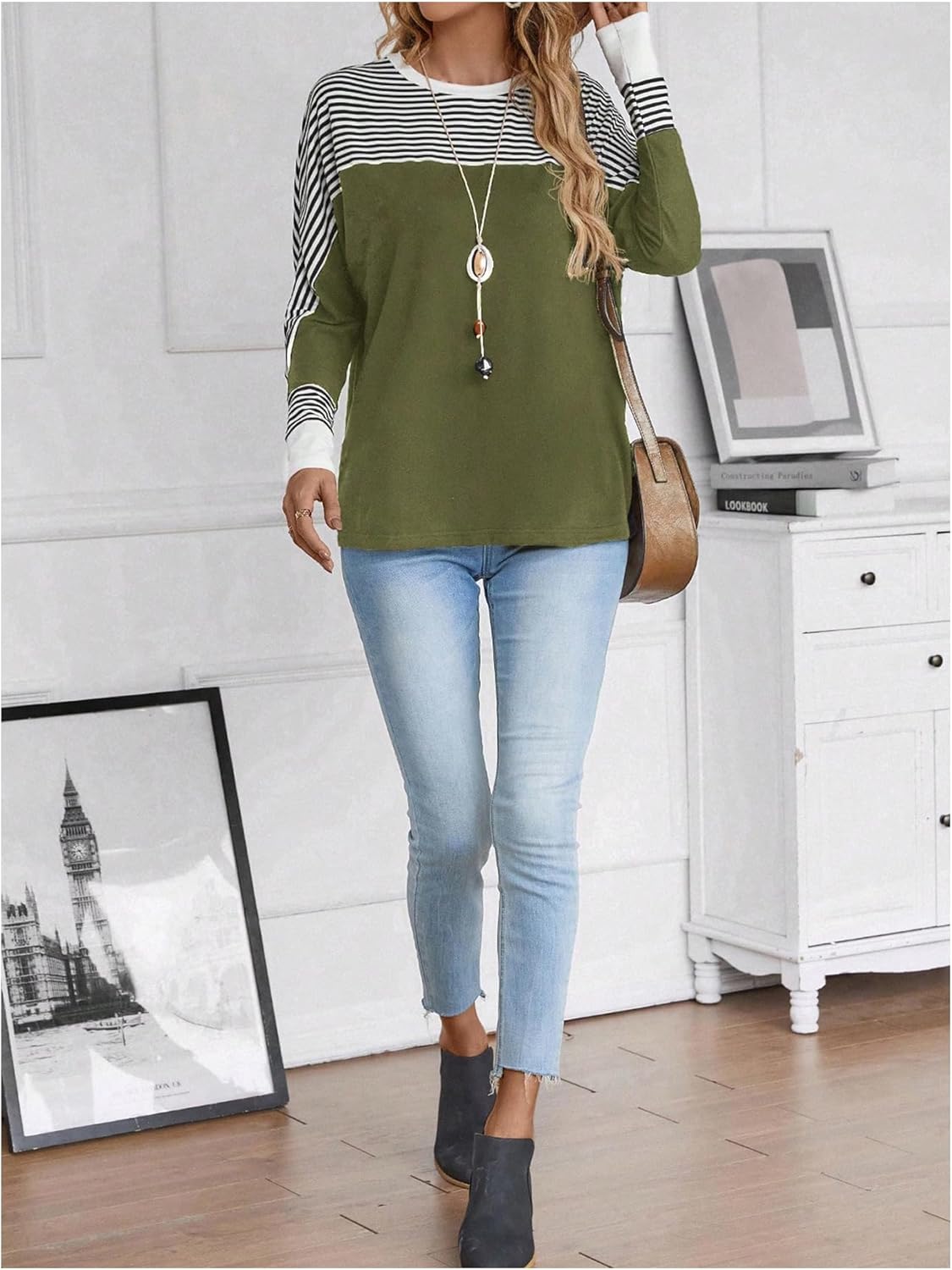 WDIRARA Women's Striped T Shirts Color Block Long Sleeve Crew Neck Tees Casual Tops - Image 5