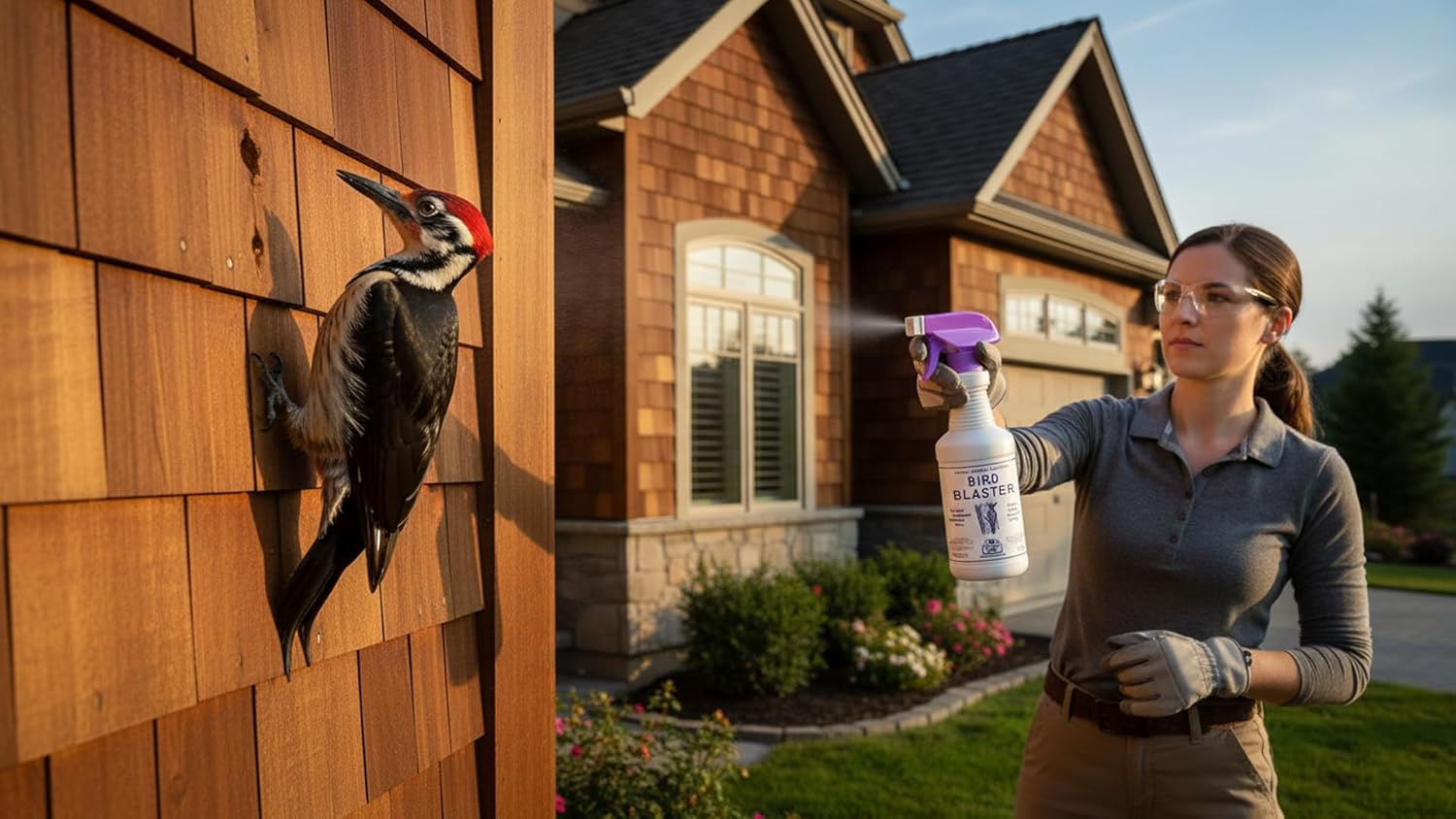 Bird Blaster 16oz Spray Keep Woodpeckers Away House Siding Stop Woodpeckers on House + Other Birds Flickers Blue Jays to Prevent Home Building Patio Deck Damage | Anti-Woodpecker Deterrent Repellent