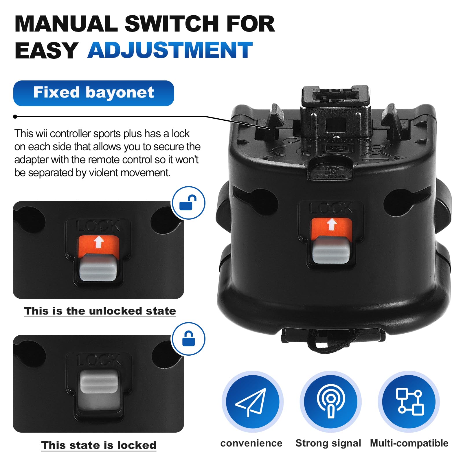 Kyrio Adaptateur Wii Motion Plus - Télécommande externe - Avec capteur - Adaptateur accélérateur pour télécommande Nintendo Wii - Noir