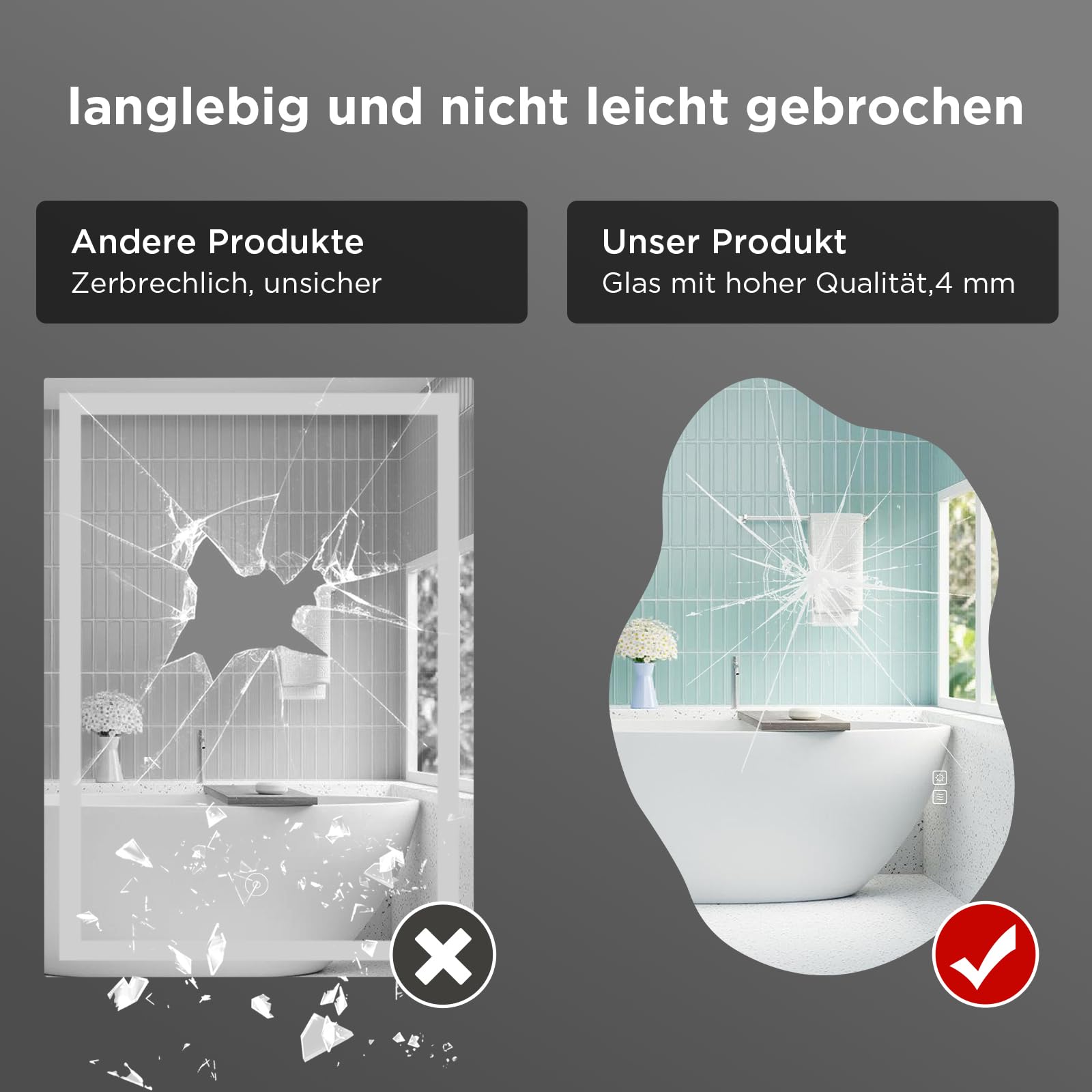 SANYCASA Intelligenter Badezimmerspiegel 80x55cm mit LED, Anti-Beschlag, bruchsicher, dimmbar, 3 Farbtemperaturen, asymmetrisch (horizontal/vertikal)