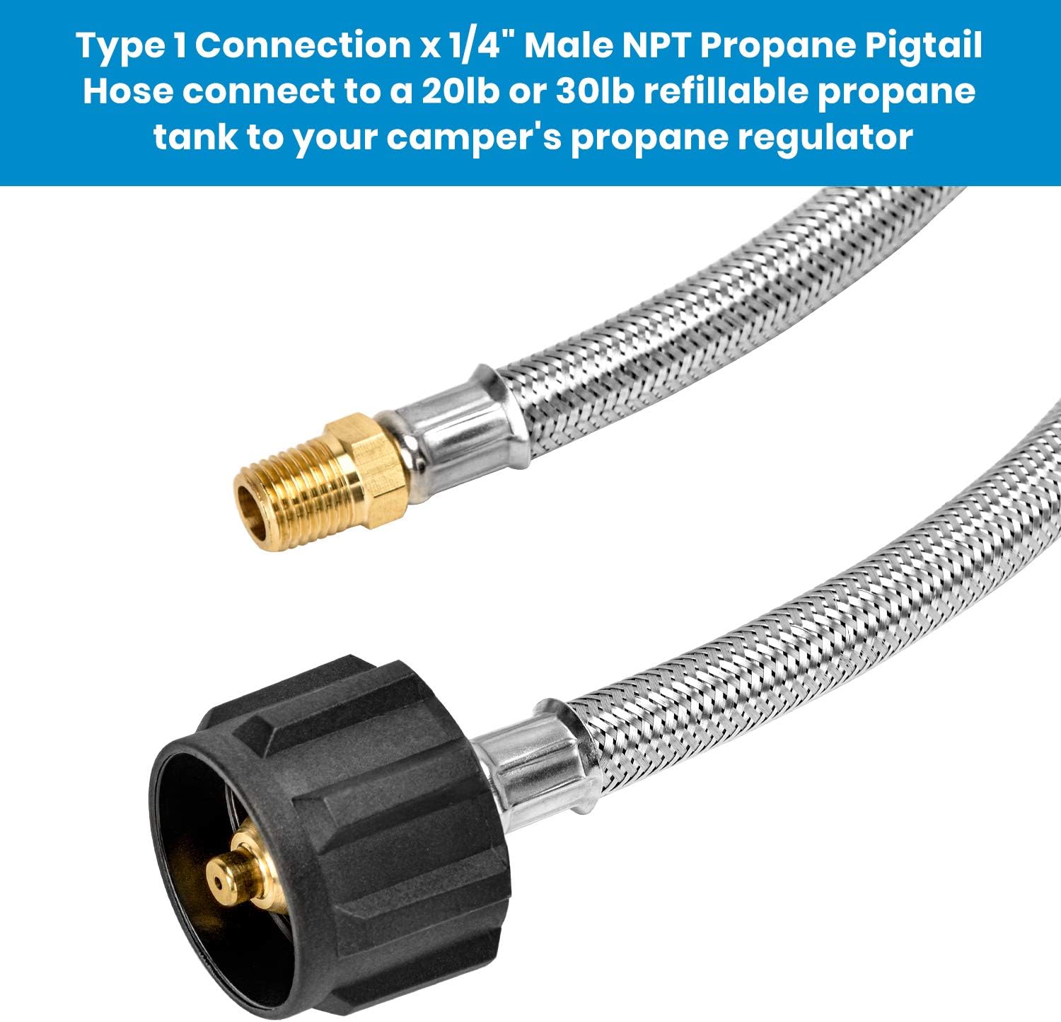 Stanbroil 12" RV Propane Pigtail Stainless Steel Braided Hose Type 1 Connection with 1/4" Male NPT for Standard Two-Stage Regulator, 2 PCS