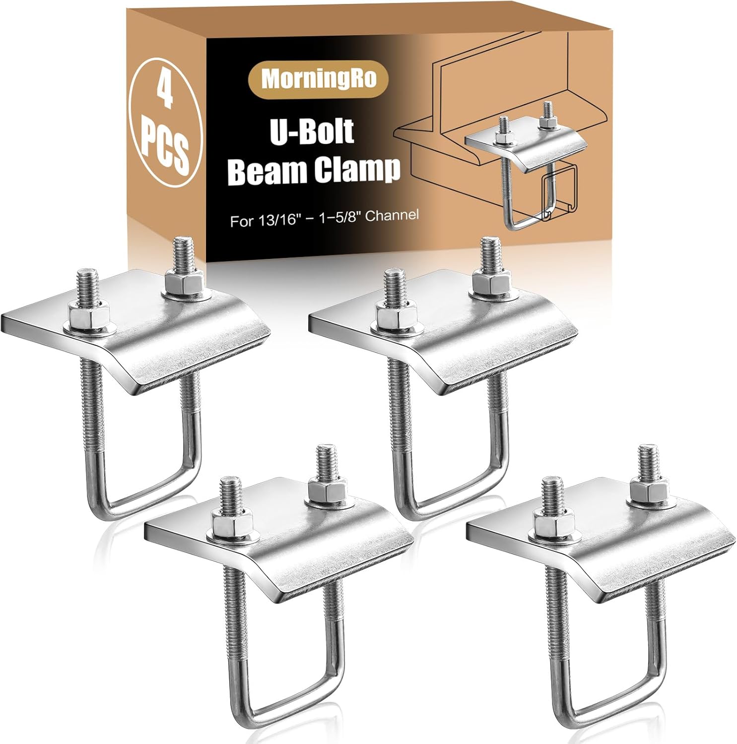 MorningRo 8 Pack U-Bolt Beam Clamp Channel to Beam Strut Clamp with Square U-Bolt and Nuts, for 13/16" - 1-5/8" Channel, Galvanized Steel