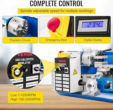 VEVOR Metal Lathe, Upgraded Digital Display 7x14 Benchtop Metal Lathe 550W Variable Speed 2250RPM with 3-jaw Chuck CNC Mini Lathe Machine Precision Mini Lathe Tool Box for Metal Turning