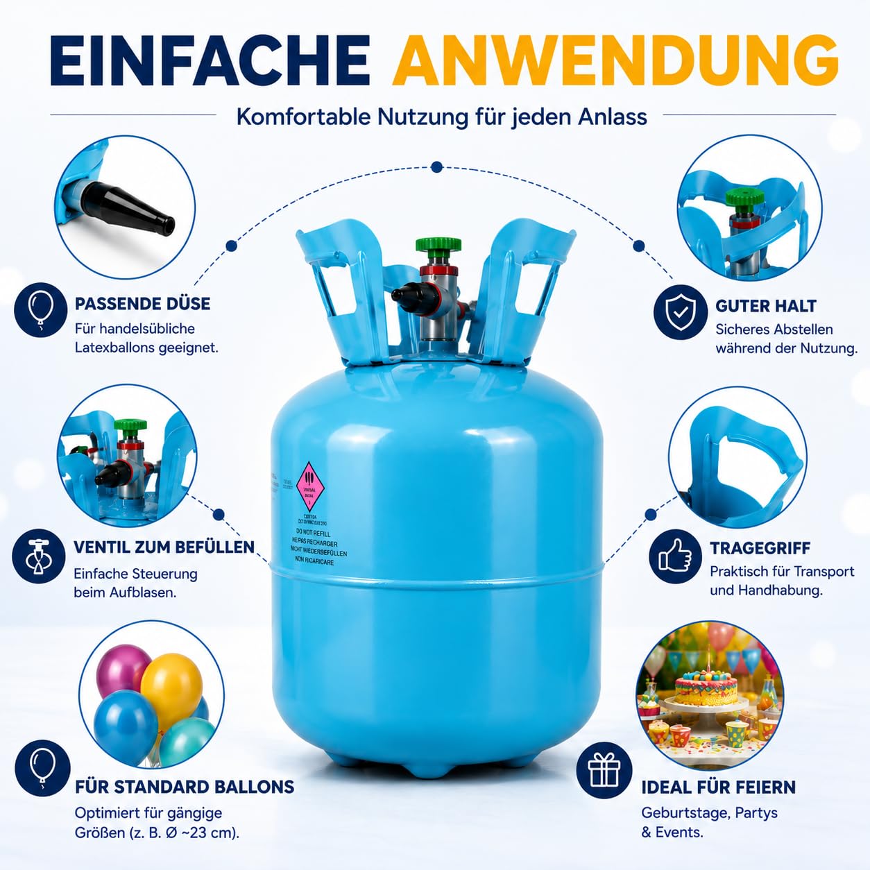 Helium Ballongas für 50 Luftballons – Gasflasche XXL inkl. STAHLMANN Informationsblatt