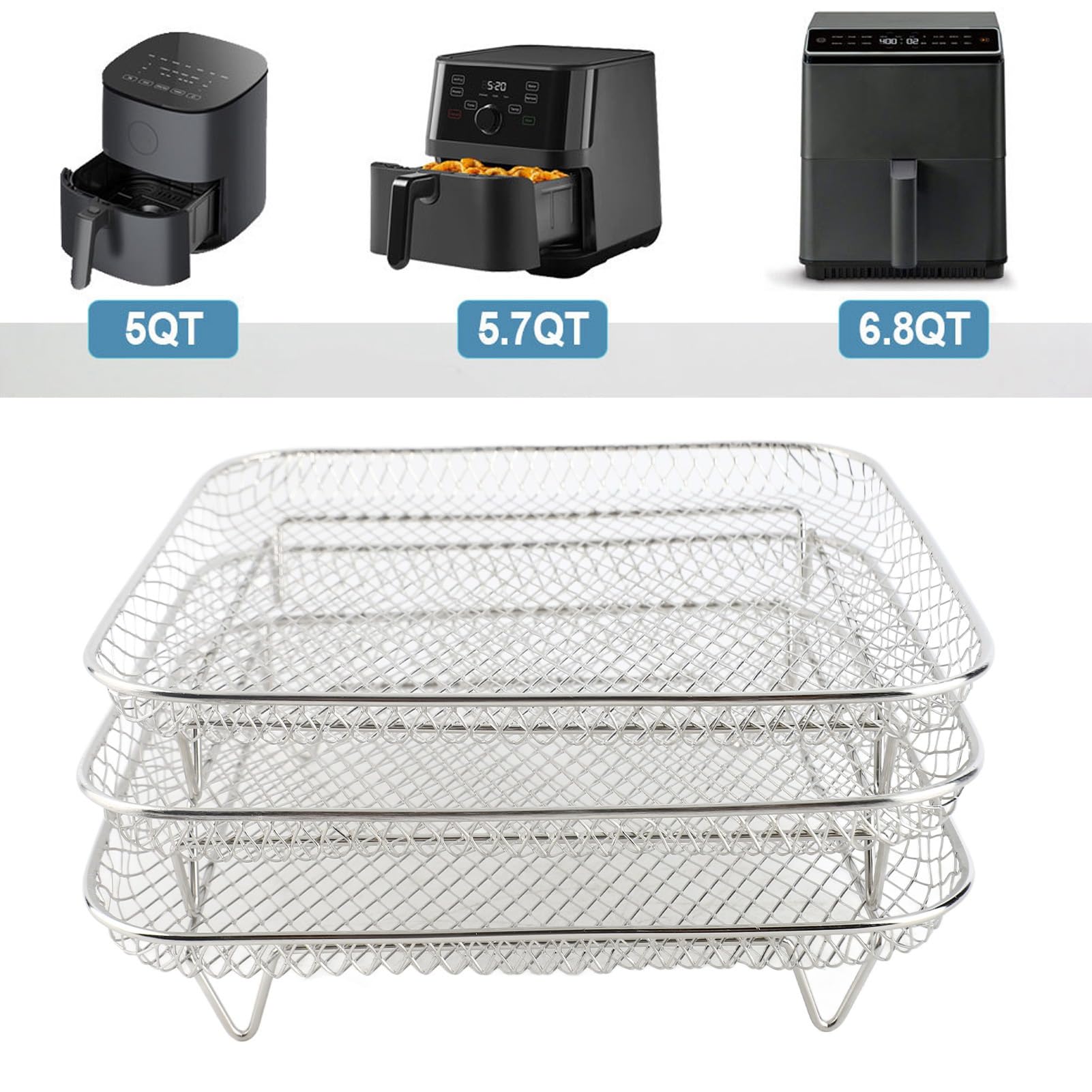 Support de friteuse carré à 3 Couches, Lavable au Lave-Vaisselle, Accessoire de Grille de Cuisson en Acier Inoxydable SUS304