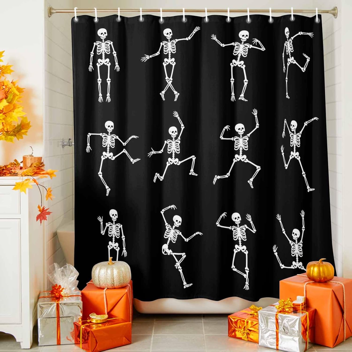 Halloween Shower Curtain Dancing Skeleton Bathroom Curtains with Hooks, Waterproof Fabric Funny Black Skull Shower Curtains Set for Bathroom Bathtubs Halloween Holiday Party Decor 72x72 Inch