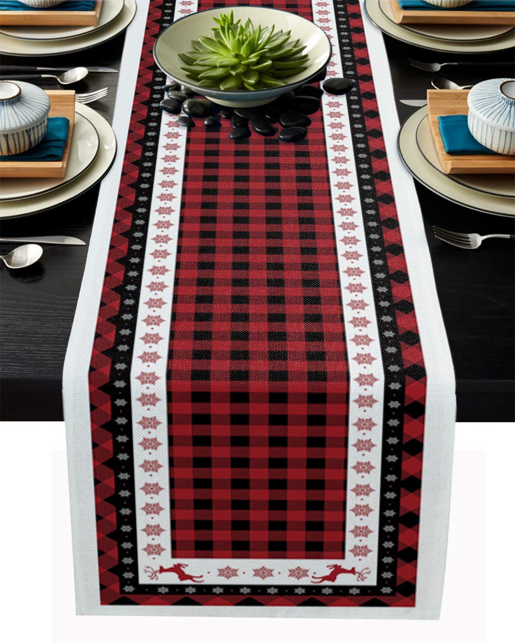 Christmas Table Runner-Red Black Buffalo Plaid Check-Cotton Linen-Winter Dinner Scarf Décor,Long 108 Inch Holiday Reindeer...
