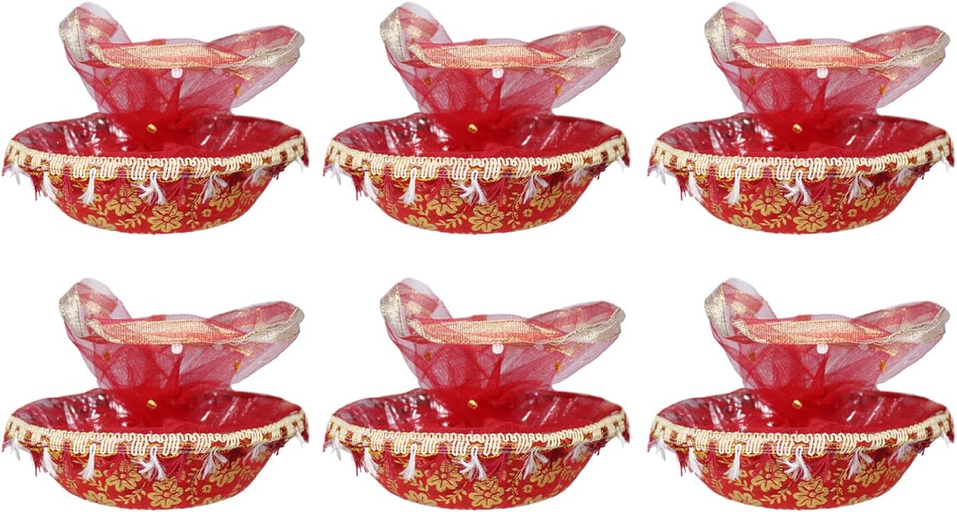 Kabello Fabric Decorative Hamper Basket Set With Net Covering for Wedding Return Gifts (Combo of 6),Round