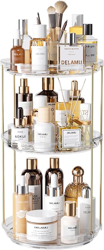 Delamu Organizador Giratório de Maquiagem com 3 Níveis, Transparente, para Cosméticos, Perfumes e Produtos de Higiene