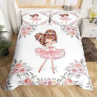 Ballet Bedding Sets Full for Girls Kids Ballerina Design Duvet Cover Cute Little Dancers Comforter Cover Rose Flower Print Bedding Girly Love Gymnastics Bedding Modern Trendy Pink White Bedding 3 Pcs