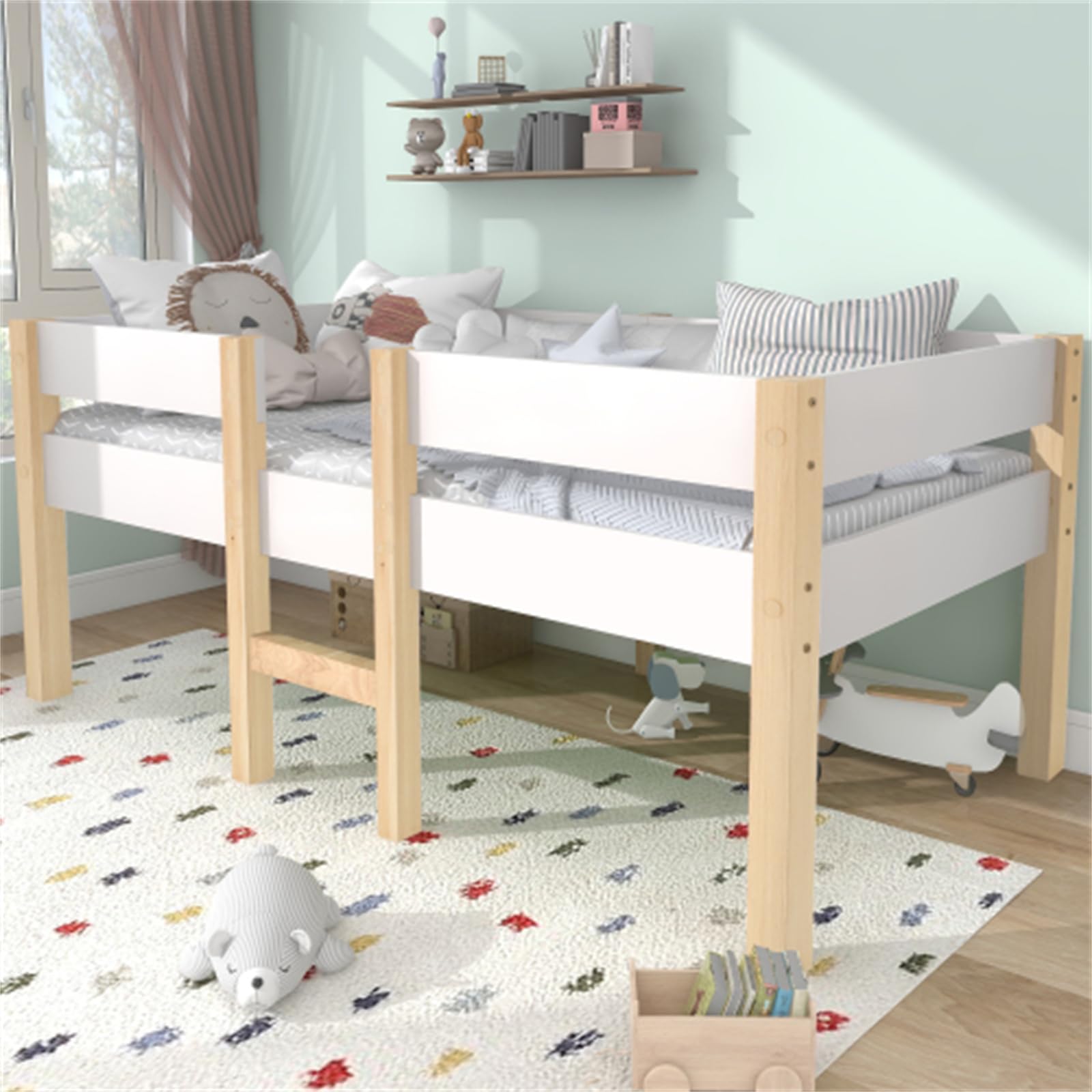 Letto a castello con protezione anticaduta, lettino con griglia e scala, 90 x 200 cm, bianco e rovere, rete a doghe in pino massello per ragazzi e ragazze