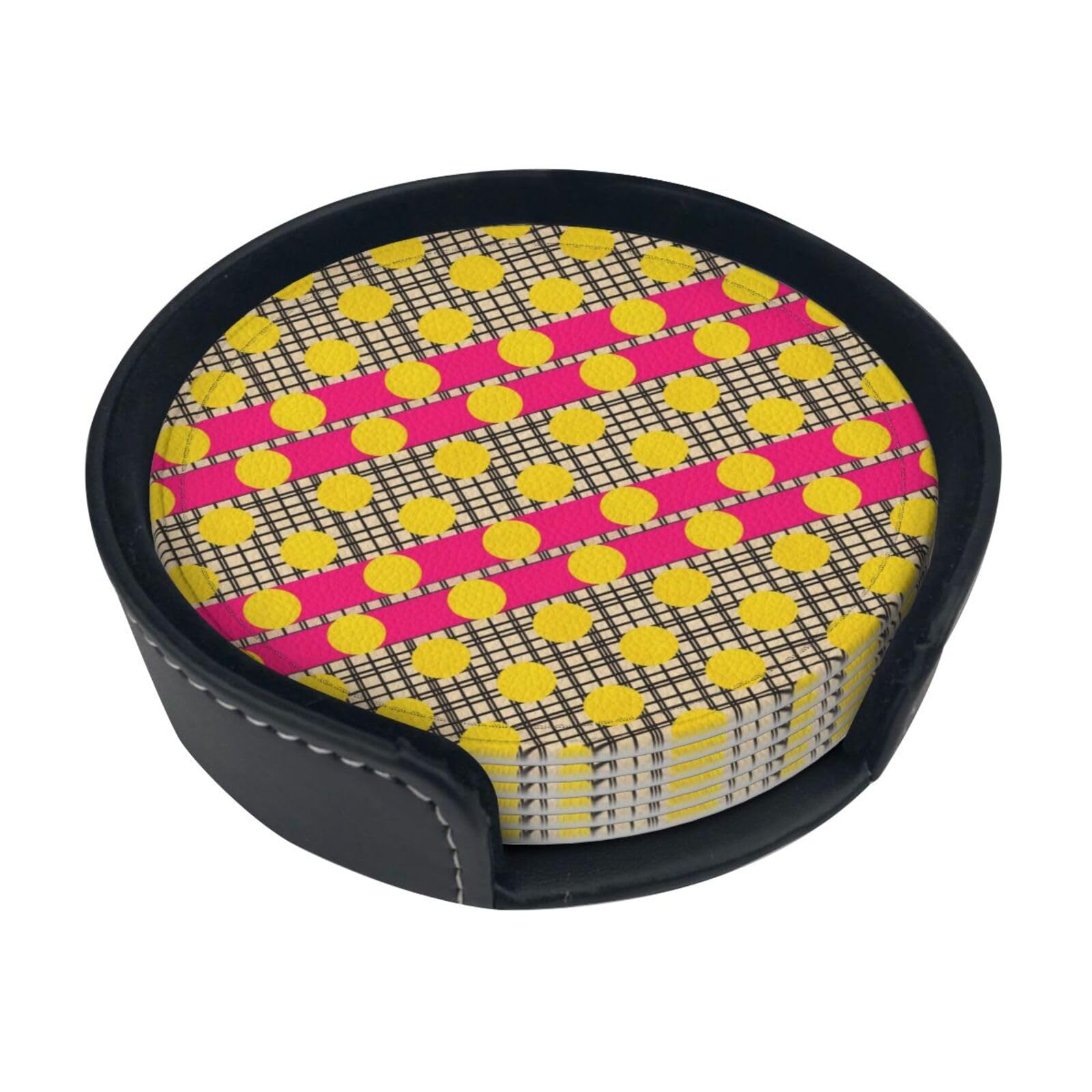 Cntdbu White Plaid Stripe Leather Coasters Set Of 6-Pu Leather Drink Mats For Table, Heat Resistant Round Coasters With Holder