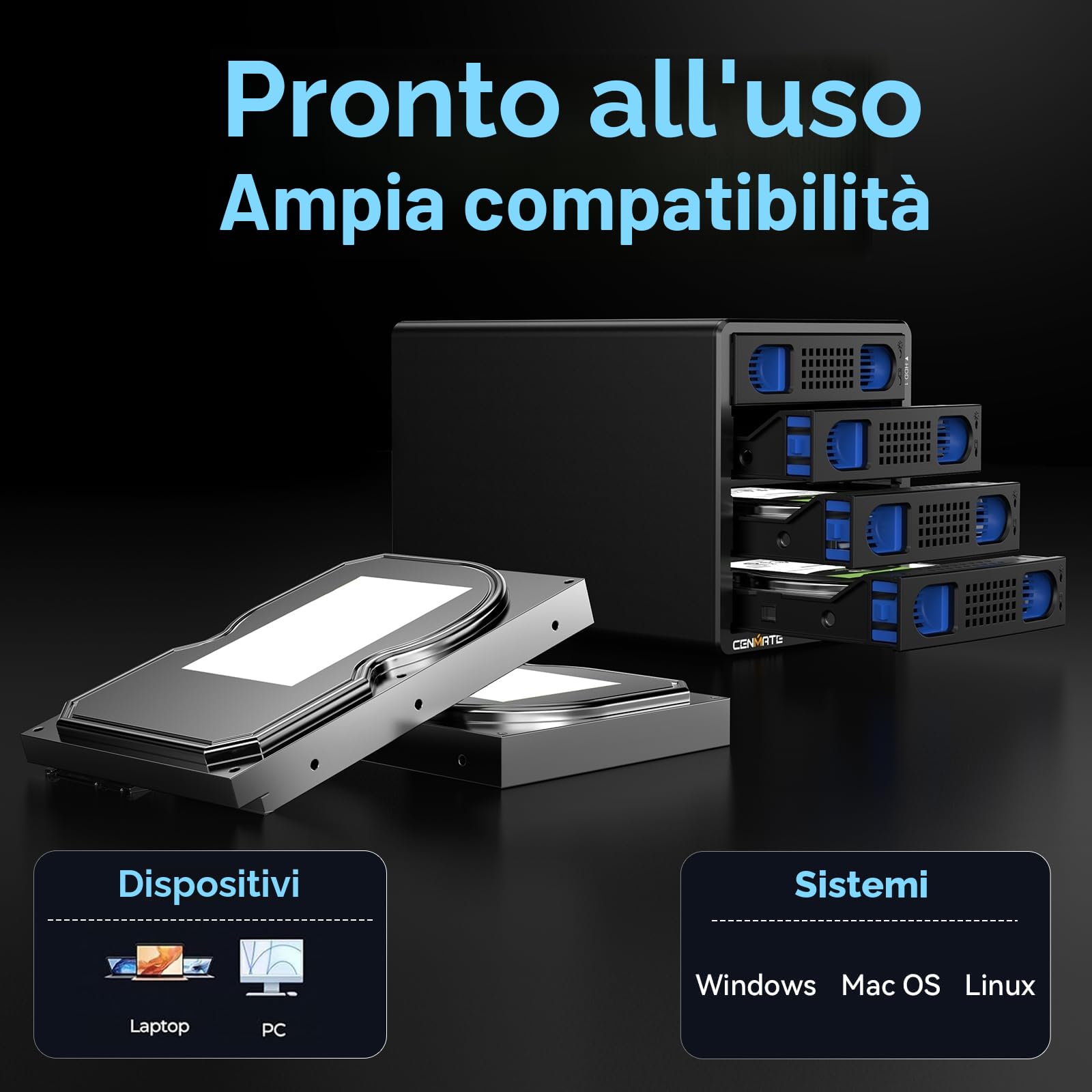 Case Hard Disk, CENMATE 10Gbps Case HDD 4 Bay Alluminio con Ventola per HDD/SSD SATA da 2,5/3,5, USB A/C 3.2, Supporto Sostituzione a Caldo, Senza Attrezzi, DAS (NO RAID/NAS)