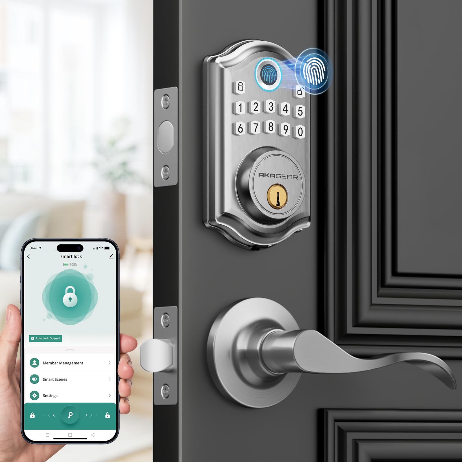 AkaGear DS10 Pro Keyless Entry Door Lock with Handle - 2 Lever Handles, Bluetooth APP Control, Fingerprint Door Locks, Electronic Keypad Deadbolt Lock