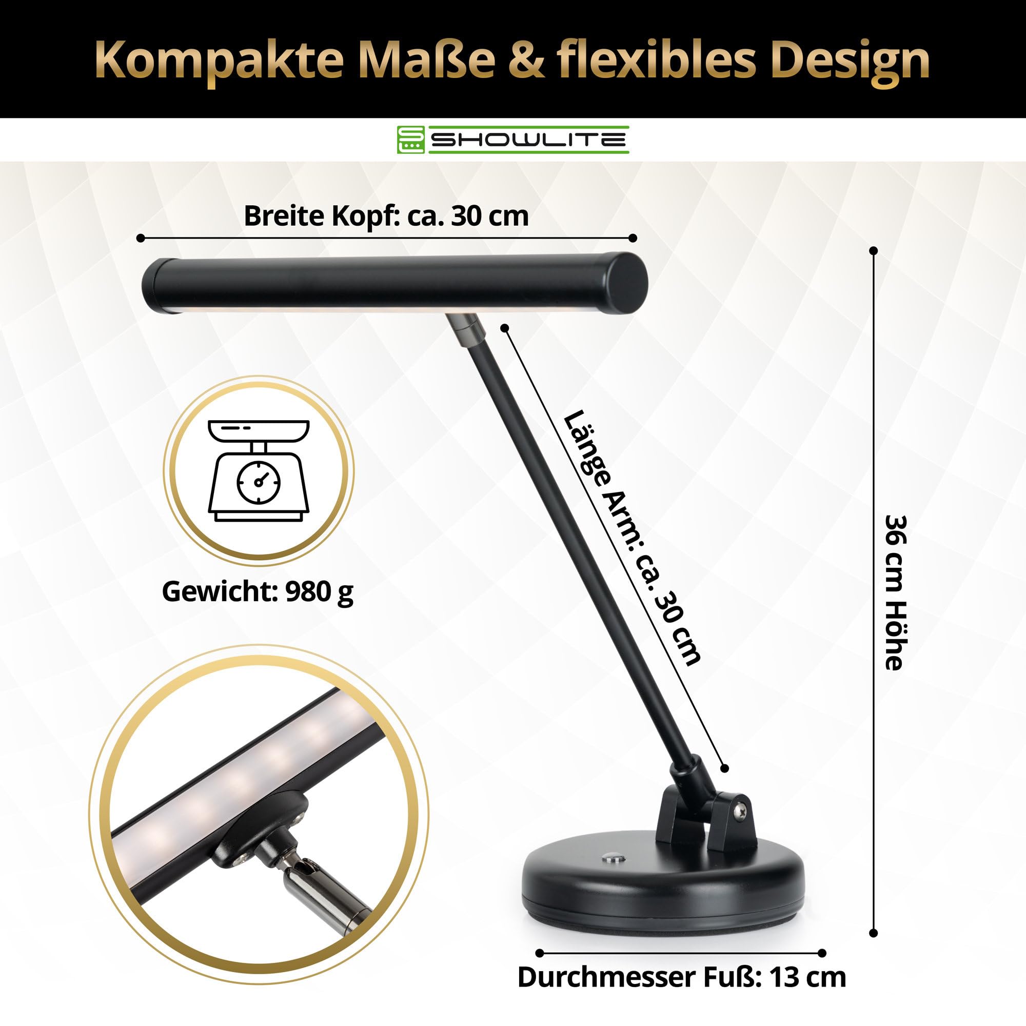 Showlite PL-1-BK-KW Lampada LED per Pianoforte - Lampada per Pianoforte con 15 LED - luce bianco caldo a 2 livelli - altezza 36 cm - alimentazione via USB, rete o batteria - nero