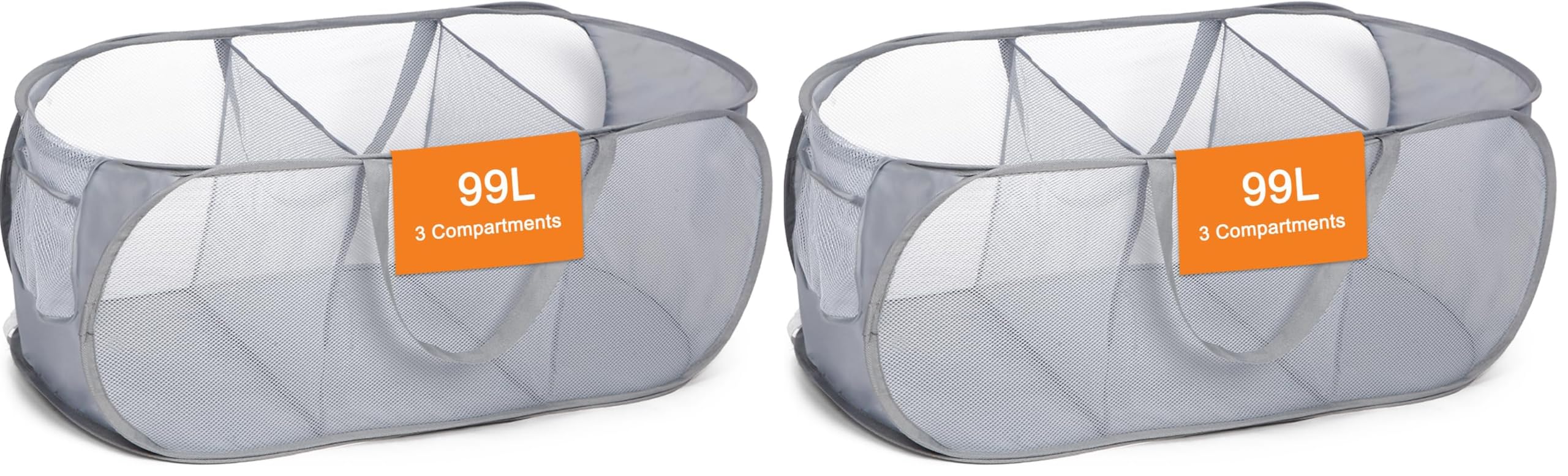 Durable Collapsible Foldable Pop Up Laundry Hamper, Sturdy 3 Compartments, Handy Pocket &amp; Easy to Sort Clothes Hampers for Dorm, Kids Room, Travel - Grey (Pack of 2)