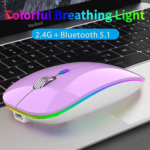Miniatura 8 de TENMOS Ratón Bluetooth inalámbrico, LED delgado modo dual (Bluetooth 5.1 + USB) 2.4 GHz recargable silencioso Bluetooth inalámbrico mouse