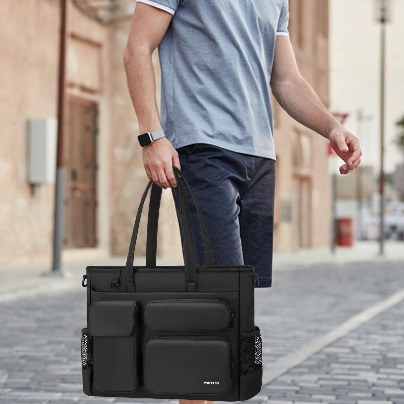 MOSISO Bolso Tote Portátil, Bolso Portátil 15-15,6 Pulgadas | Bolsos Bandolera Gran Capacidad para Ordenador Trabajo Portavasos&Compartimento Portátil&Cinturón Trasero para Trabajo, Negro