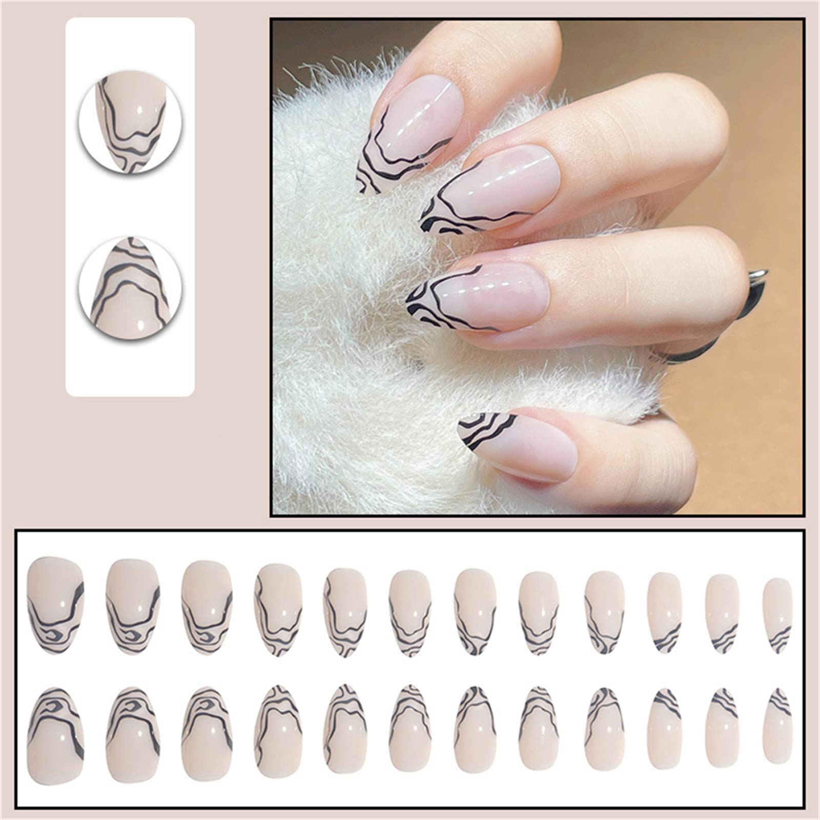 Unghie Finte Corte Copertura Completa con Colla Linee Nere Rimovibili Premere sulle Unghie 24 Pezzi Suggerimenti per Nail Art per Unghie per Saloni di Bellezza e Donne Nail Art Fai-da-Te
