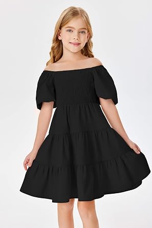 Batermoon Girls Boho Square Neck Puff Sleeve Off Shoulder Smocked Tiered Casual A Line Short Mini Dress