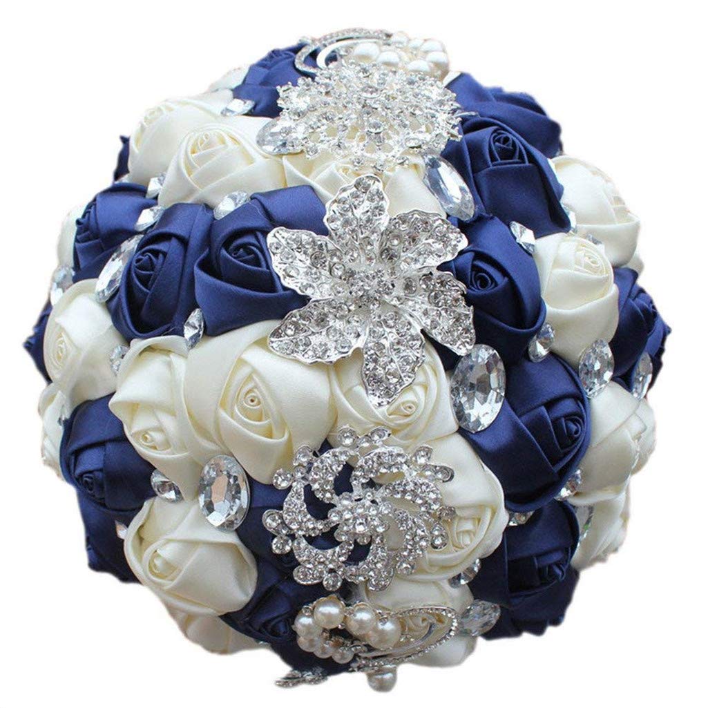 Handgemachte Brosche Brautstrauß Braut Satin Rosen Blumen Strass Perlen Blumensträusse Hochzeit Strauß Künstliche Blumen Blumenstrauß künstlicher Rosenstrauß Deko (Navy Cremig)