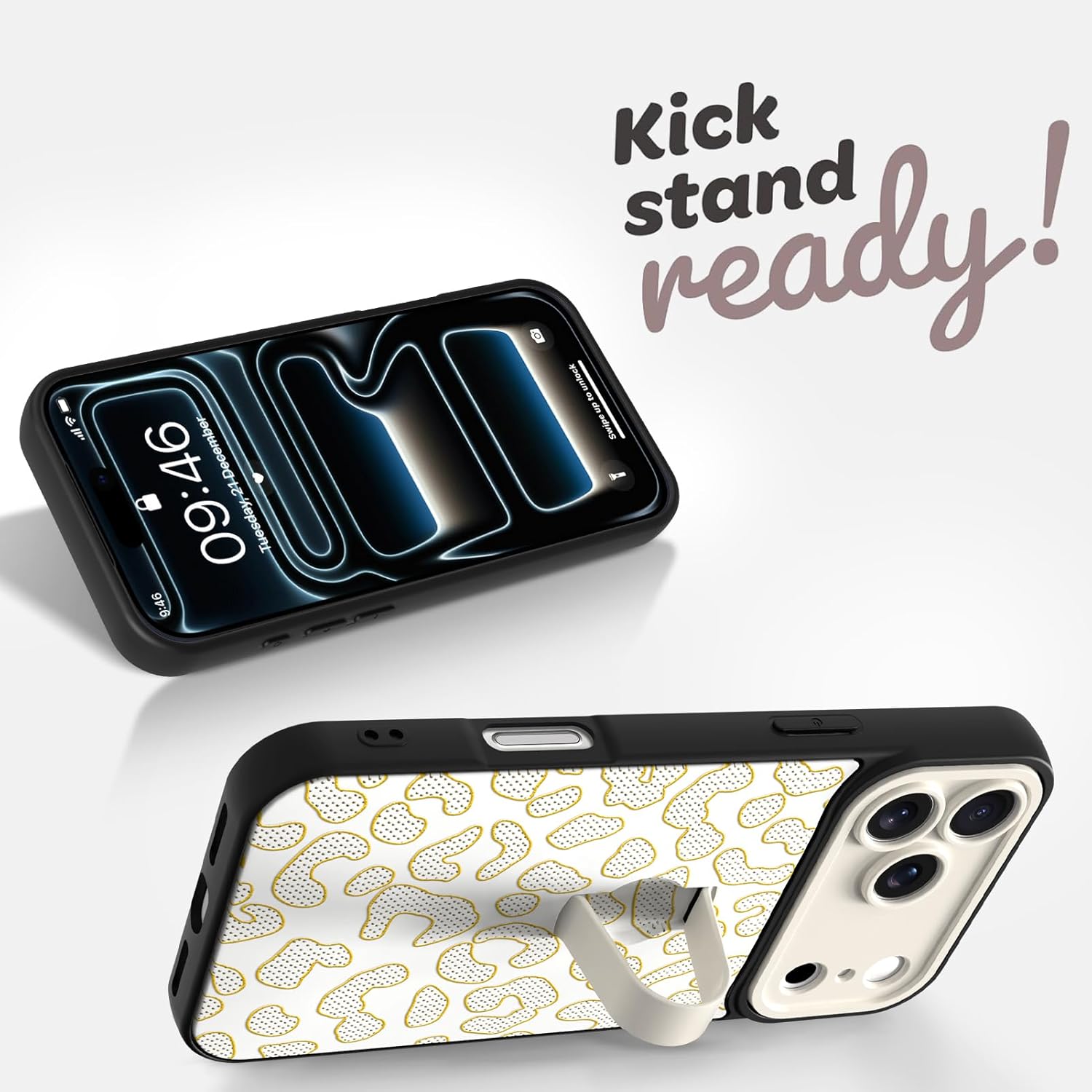 Compatible with iPhone 17 Pro Max Case with Finger Strap Stand, Trendy Glitter Leopard Print Phone Case for Women Men, Full Camera Protection Shockproof Protective Cover, White Leopard 2 - Image 4