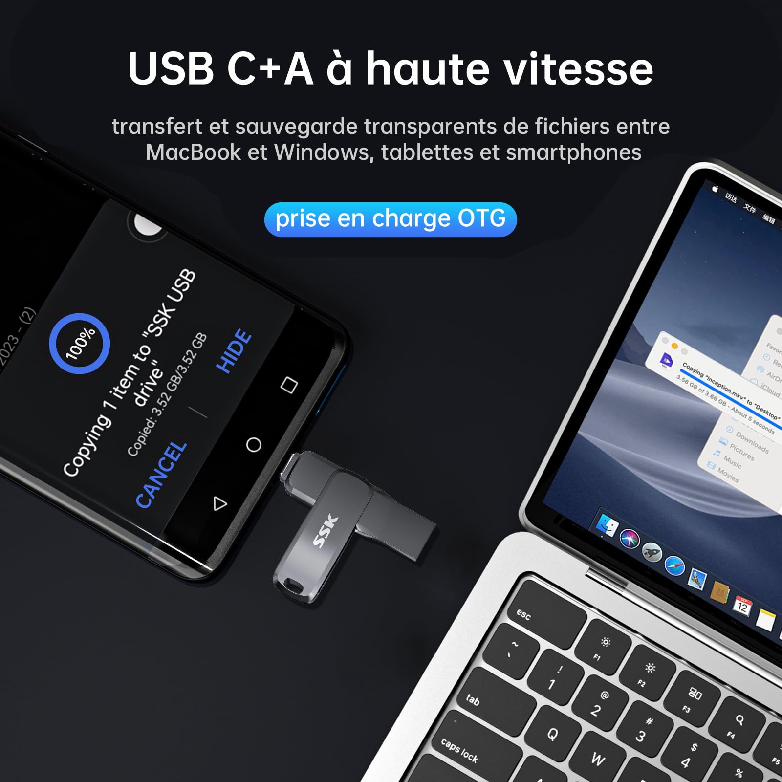 SSK Cle USB 3.2 256 Go, Vitesse de Lecture jusqu'à 200MB/S, clé USB Double avec Type C et USBA,Clef-USB Robuste en métal Noir pour Smartphone, Tablettes, MacOS,iphone 15 Stockage,Voiture,TV