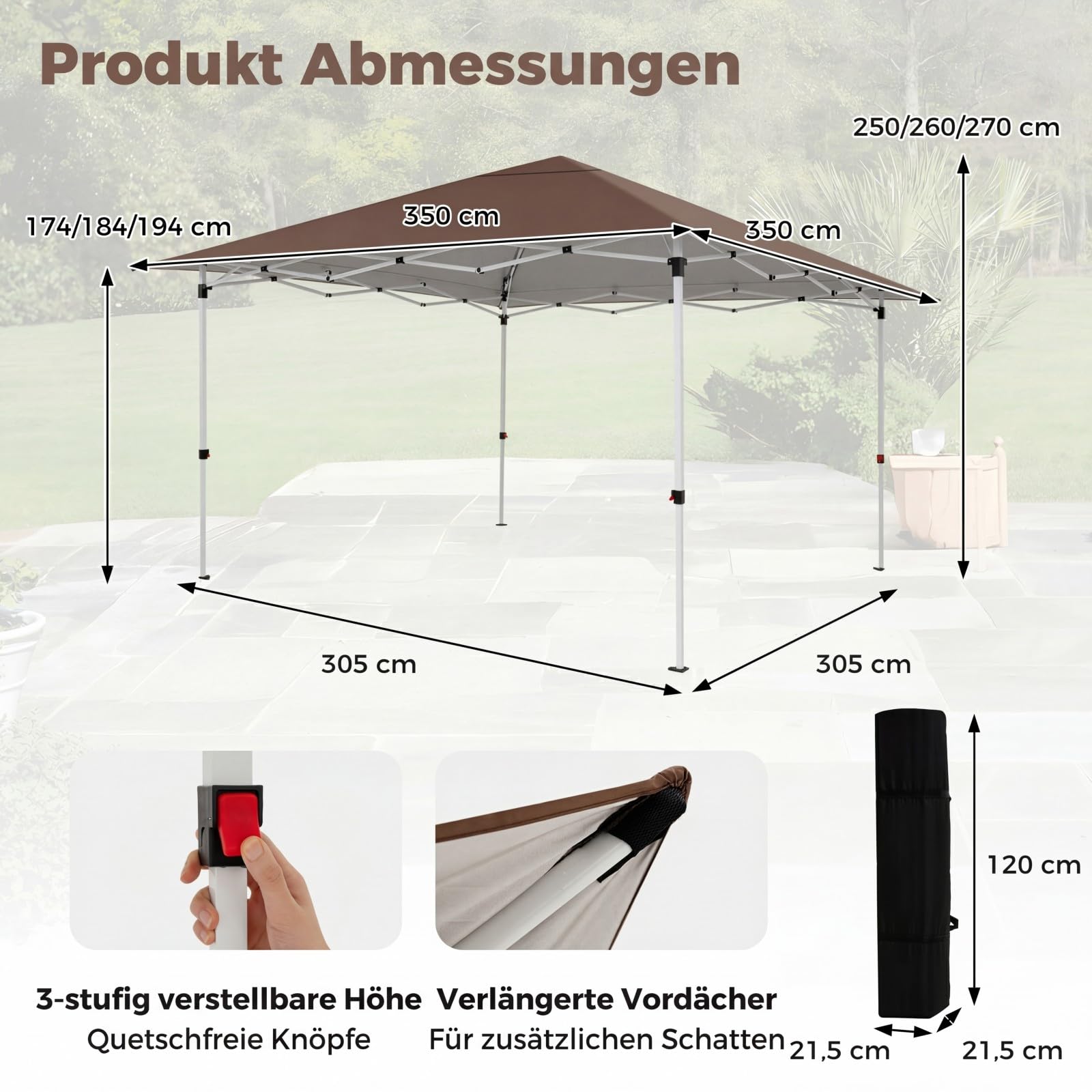 COSTWAY Pavillon, Faltpavillon wasserdicht stabil Winterfest, Gartenpavillon UV Schutz 50+, höhenverstellbar, Pop Up Pavillon mit Tasche für Garten & Terrassen, Braun