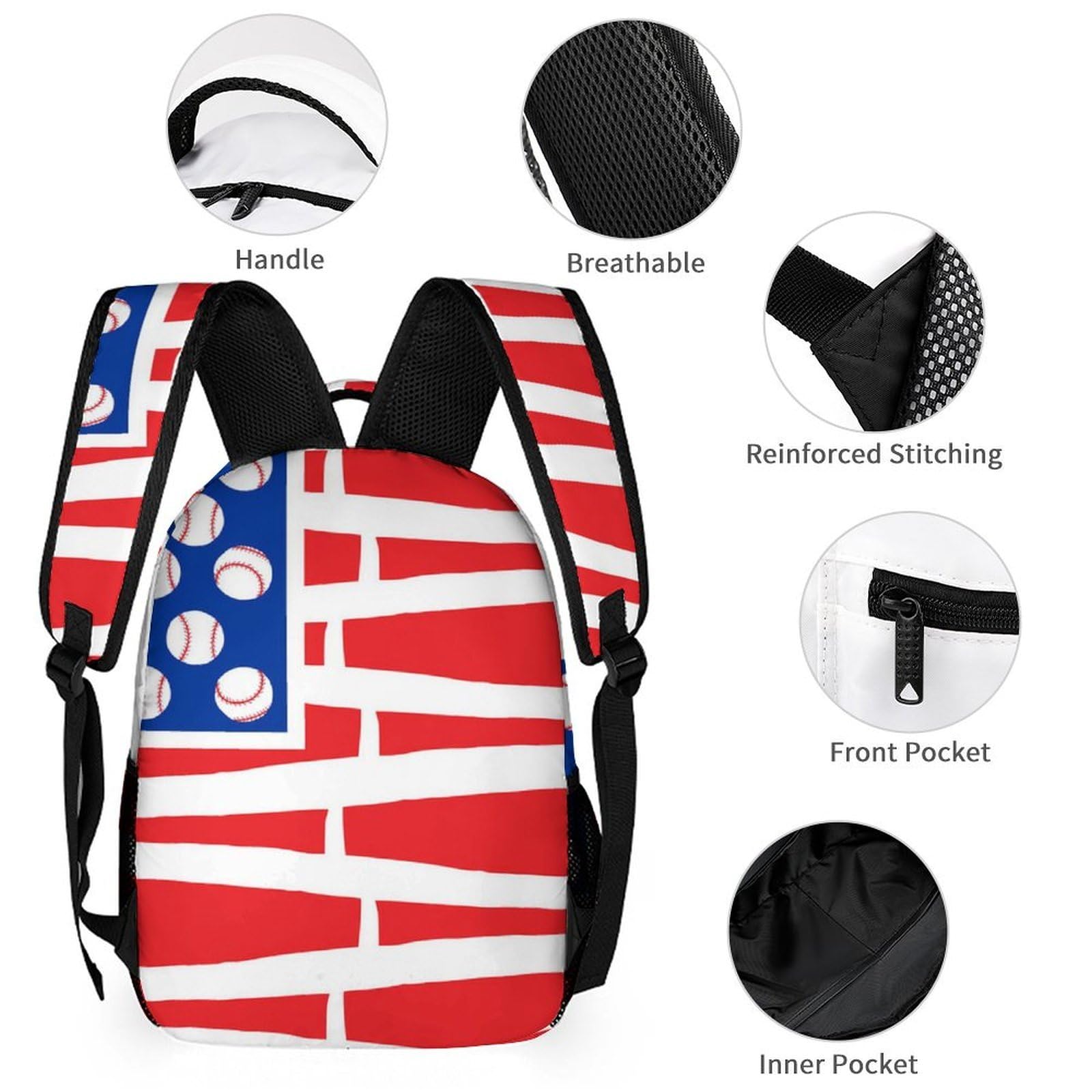 Conjunto de mochila para libros, mochila de día, bandera estadounidense, bates y pelotas de béisbol, mochila para computadora portátil con bolsa para almuerzo y almacenamiento de viaje D
